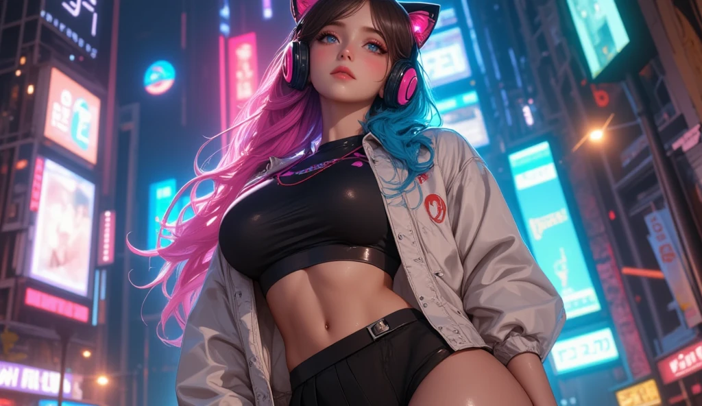 The character costume is KPOP, Hallyu, K-pop anime art style, Hallyu frontline style, Hallyu art style, kpop style, official artwork, Chibi art, Pisif, Blackpink style, cute.     KPOP artwork in various poses, The popularity of Pisif art station, lingerie, 16 year old chibi, No watermark, Extra close-fitting mini skirt, open jacket, extra short clear top Strapless, cleavage, style clothing cyberpunk, smallest short short, wide angle, short top, very short, Lying down, squatting,