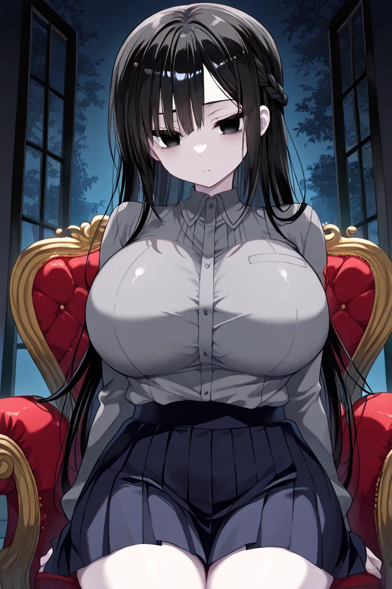 25 year old girl, Italian features, long loose black hair, super mega gigantic breasts, white shirt untied and torn, , black mini skirt, horror movie dungeon, tied to a horror movie torture chair, her arms are tied to the armrests of the chair, she is wearing a slave collar, her breasts are tied together