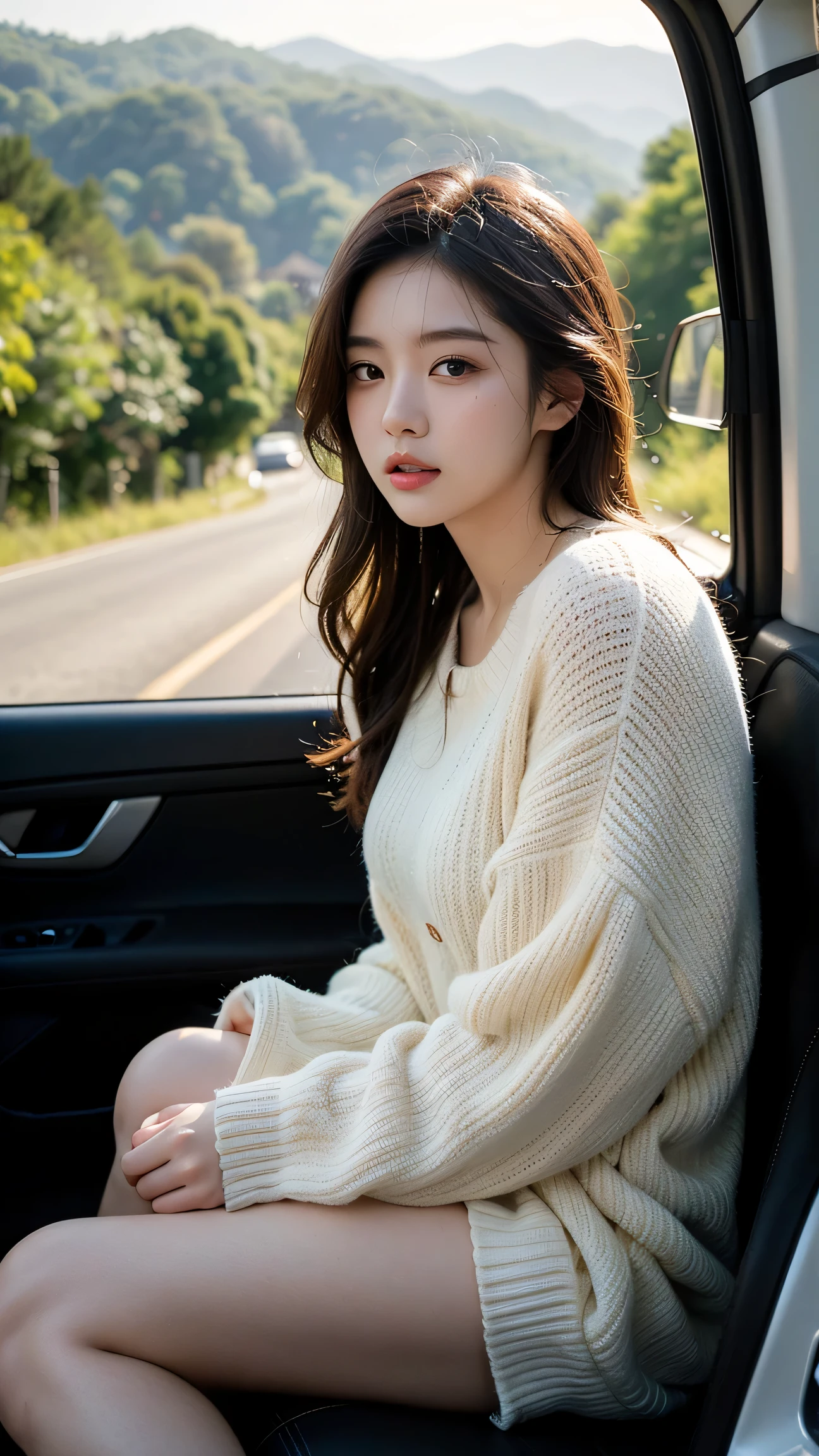A beautiful Korean girl in a with a skirt above knee length, an extremely detailed and realistic portrait, high quality, photorealistic, 8k, vivid colors, studio lighting, warm color tones, detailed facial features, piercing eyes, perfectly sculpted lips, delicate skin, flowing hair, beautiful expression, elegant posture, , pleated skirt, waiting in bus stop, natural lighting, spotlights on face, intricate details, hyper-realistic, award-winning digital art, beautiful bright soft thighs, realistic skin, realistic face, Realistic beauty