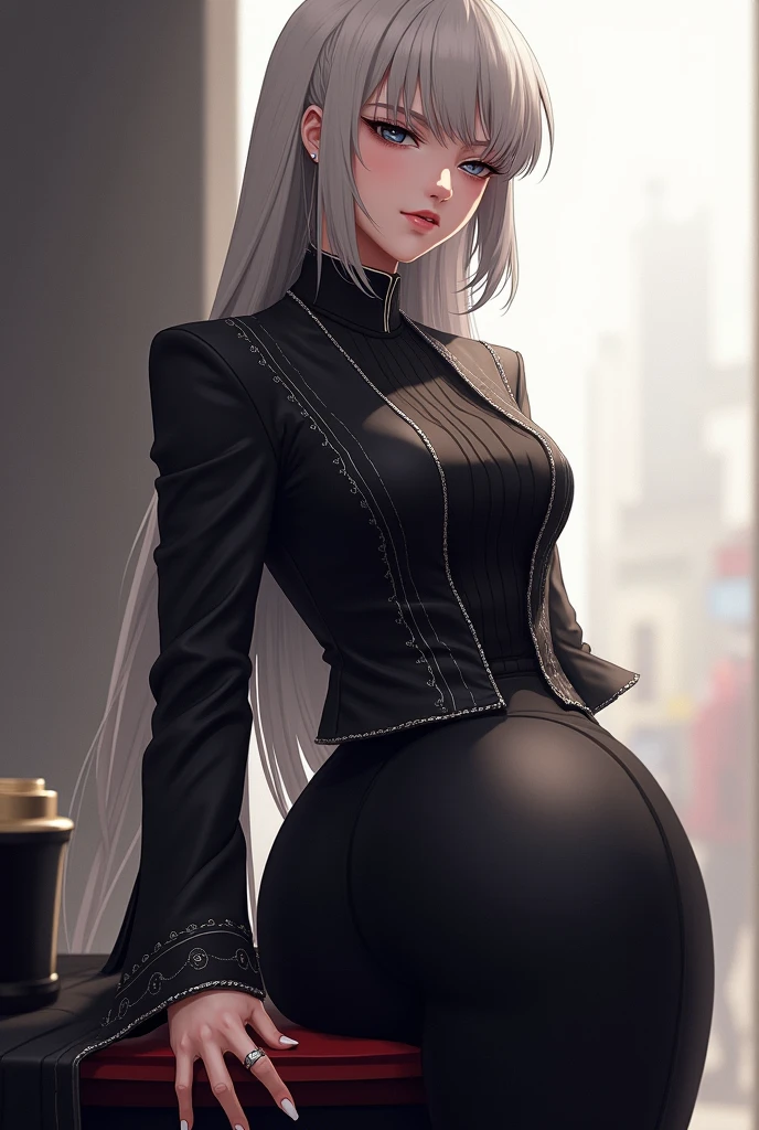 Sitting on a chair in a black dress, very sexy outfit, female fashion model, young woman, 20 years, big butt and big breasts, transparent gray skirt, mesh shirt, chrome clothing, shiny silver, luckily I look, big breasts, Best Quality, masterpiece, super high resolution, realist,
