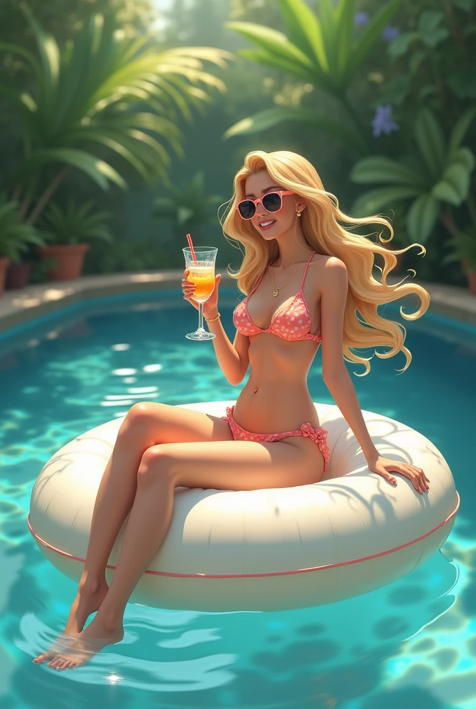((many women on pool party))((Sexy, tall beautiful russian supermodel)) ((Big bright blue eyes)) ((dark eyeshadows make up)) ((wet skin, wet hair)) ((bright red lipstick)), ((drinking a cold beer)) ((very happy smile)) ((very long messy light blonde hair with bangs covering one eye)) ((big breasts:1.8)) ((slender body:1.3)) ((wear sexy gold thong bikini)) ((choker)) ((garden, pool, tanning lying on tanning chair)) ((high definition:1.5), ((low intencity lights)) ((masterpiece:1.5))((8k:1.5)) ((Best quality:1.4))
