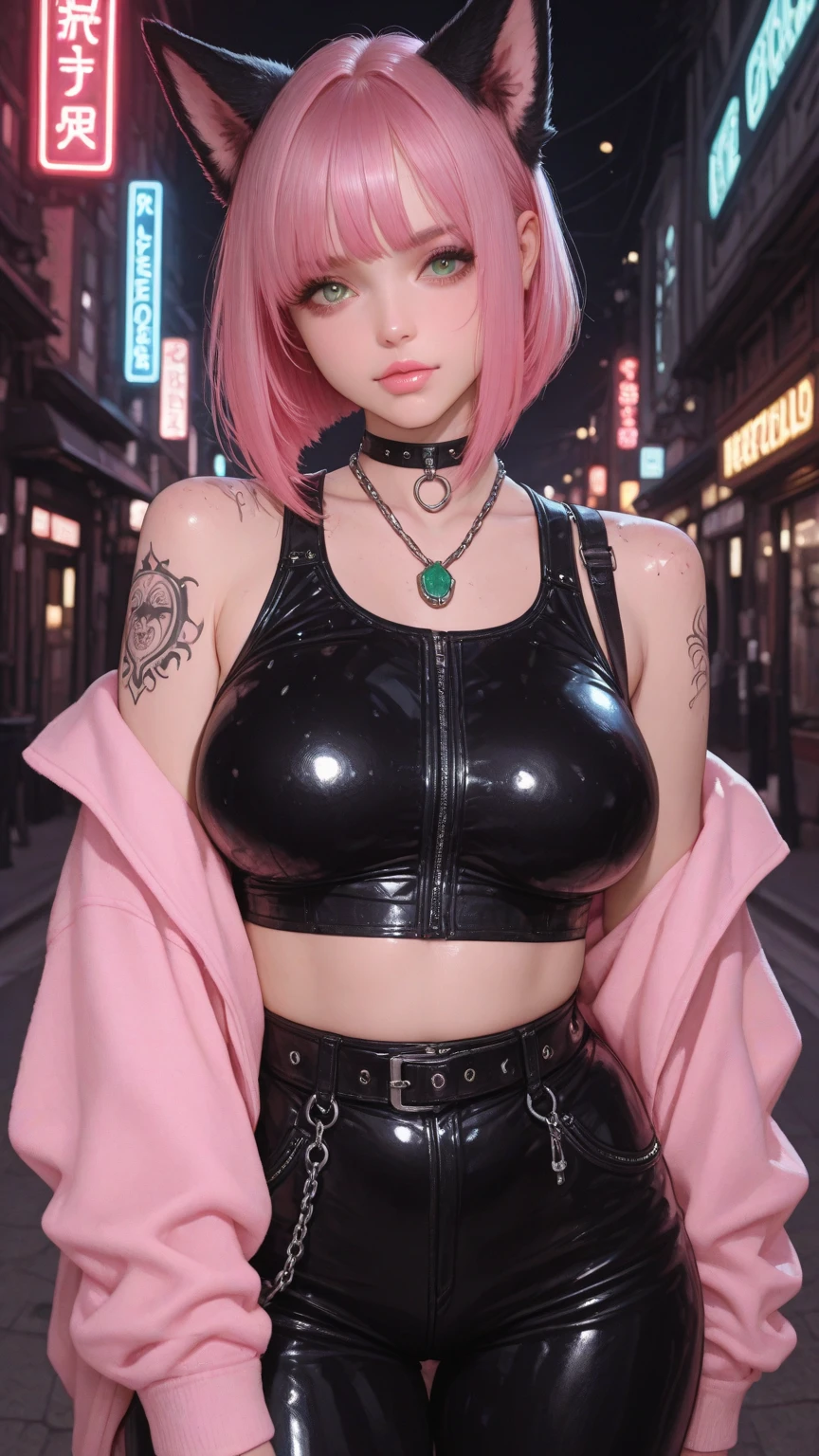pink short hair,cyberpunk streetwear,女性cyberpunk girl,cyberpunk girl,Wear cyberpunk streetwear,cyberpunk fashion clothing,Cyberpunk fashion crotinodel girl in cyborg style,Cyberpunk-inspired colors,cyberpunk costume, ((erect nipples)), thin waist