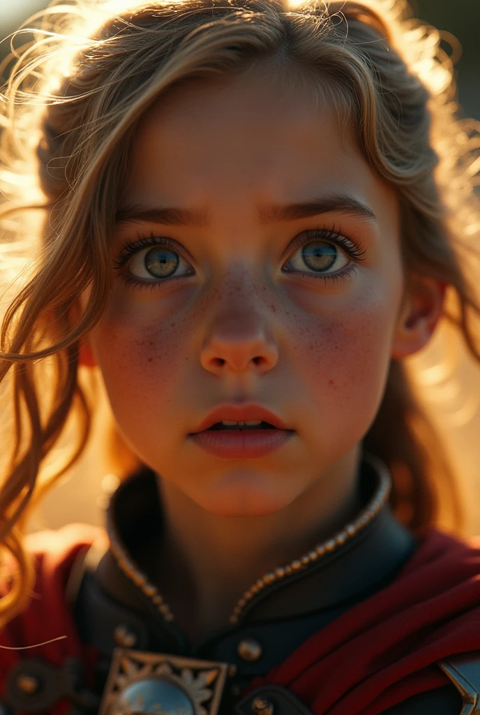 Melhor qualidade, obra-antes, ultra alto nada, fotorrealista, foto crua, Girl child 10 years old, Russian blonde in braids, com roupa de jaqueta de couro vermelha, Estilo retrato, flames are glowing in the dark with a reflection of the fire, chamas de fogo, chamas no fundo, fogo e chamas. --auto --s2