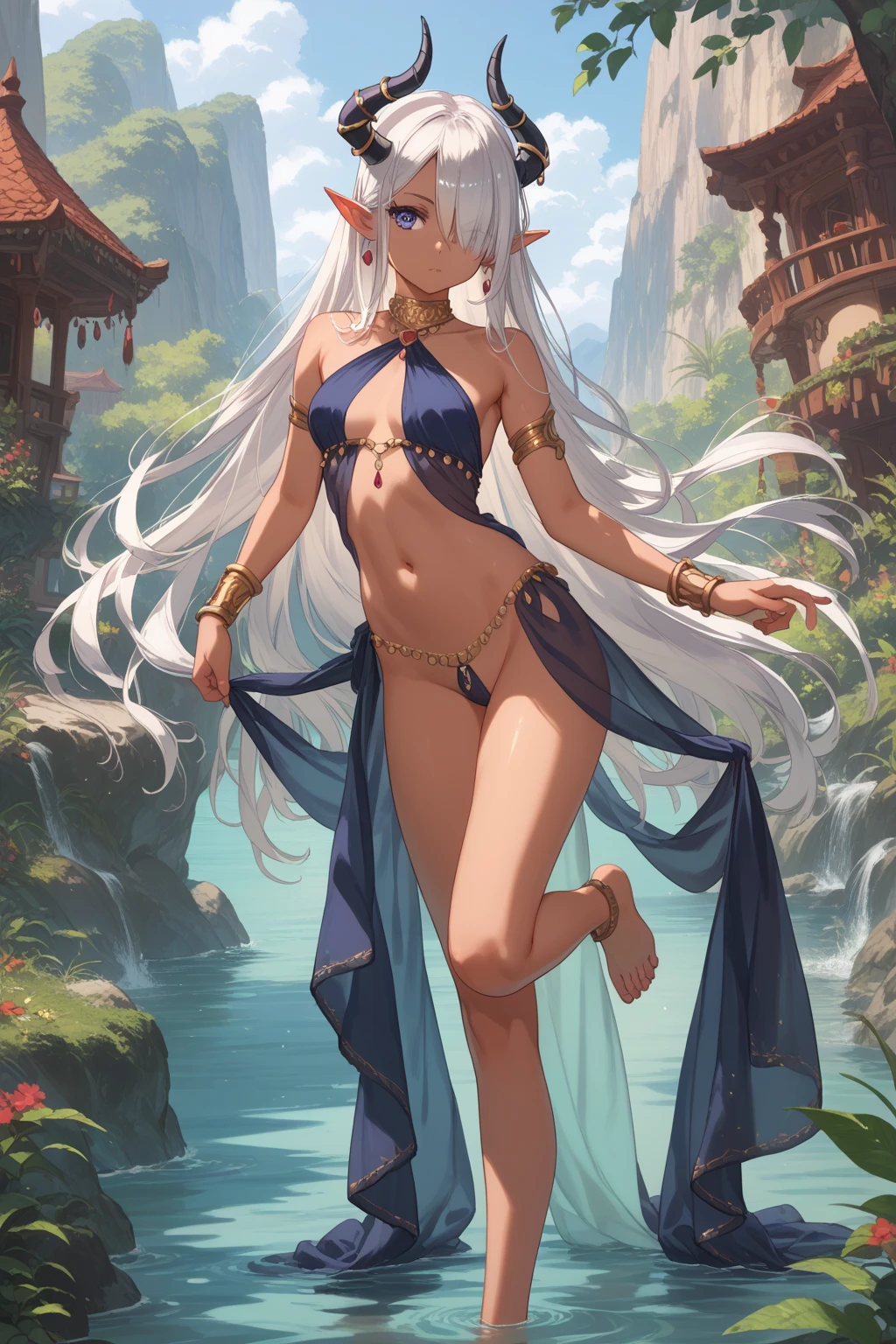 masterpiece, best quality, detailed eyes, white background, simple background,
(1 girl), (cowboy shot view), thighs,
shiny skin, oily skin, reflective skin,
standing straight, 
(extremely skimpy:1.3), overgeared, (high details amount:1.4), (extreme lowleg harem dancer clothes:1.4),
vibrant colors, fantasy, 
elven attire, baggy trousers, puffy trousers, midriff, extremely tiny metallic panties, (O ring), (breast barely covered:1.4),  (arabian attire), tassels, (very detailed), (extremely tiny strapless), boob crack, (dark skin),  [loincloth], [pelvic curtain],