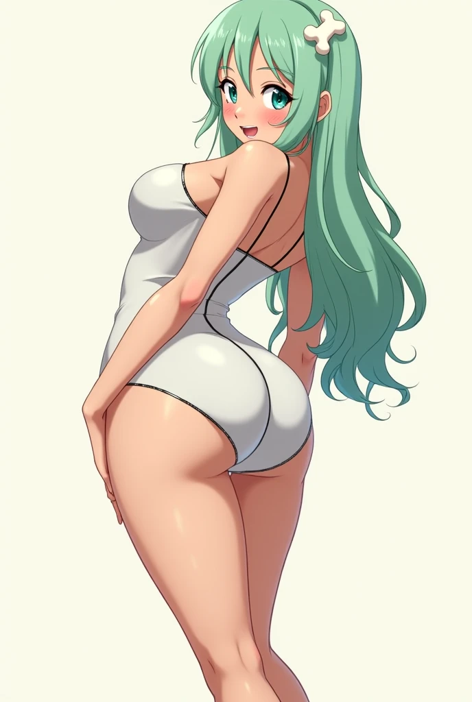 beautiful green haired girl with a slim waist, big booty, wearing only a white thong micro bikini, thick thighs, white background, no background