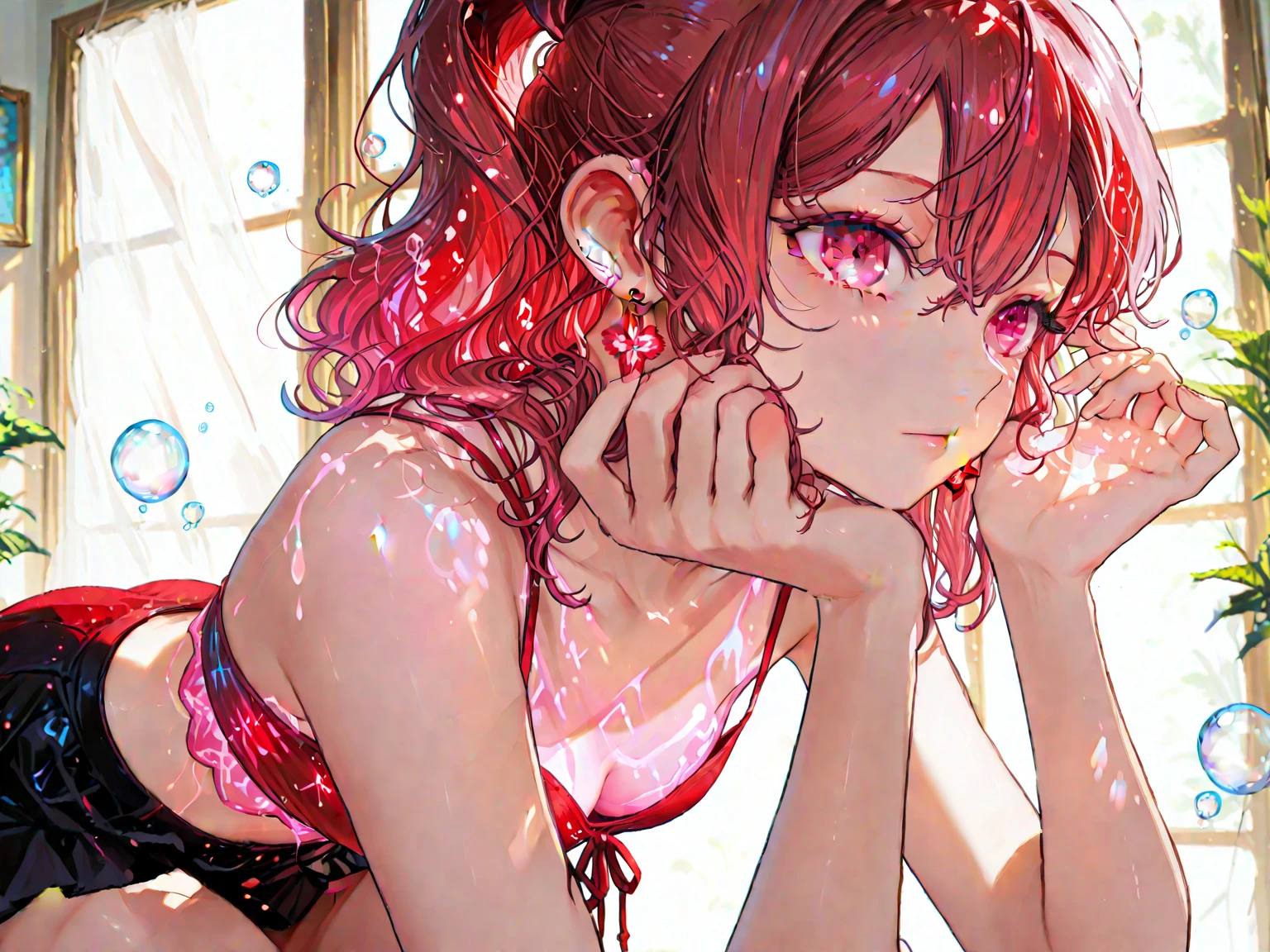 (wearing elegant red frame glasses),
(beautiful pink and green butterflies and dragonflies all over the place),colorful flowers,fantasy beams and lights,
((masterpiece:1.4, best quality)), ((masterpiece, best quality)),((beautiful pony tail red hair,beautiful green eyes,little cute girl)),wet full body, bathing in the water,water falls,water splash,lovely laugh,((sexy red lolita gothic mini dress)),elegant red and white hat, ((pink and red elegant string tied summer bikini)), (Lace chalker, wristband, diamond necklace,earrings),cinematic lighting and pause,beautiful natural mysterious park,night sky,full moon,(beautiful pink and red butterflies and dragonflies all over the place),