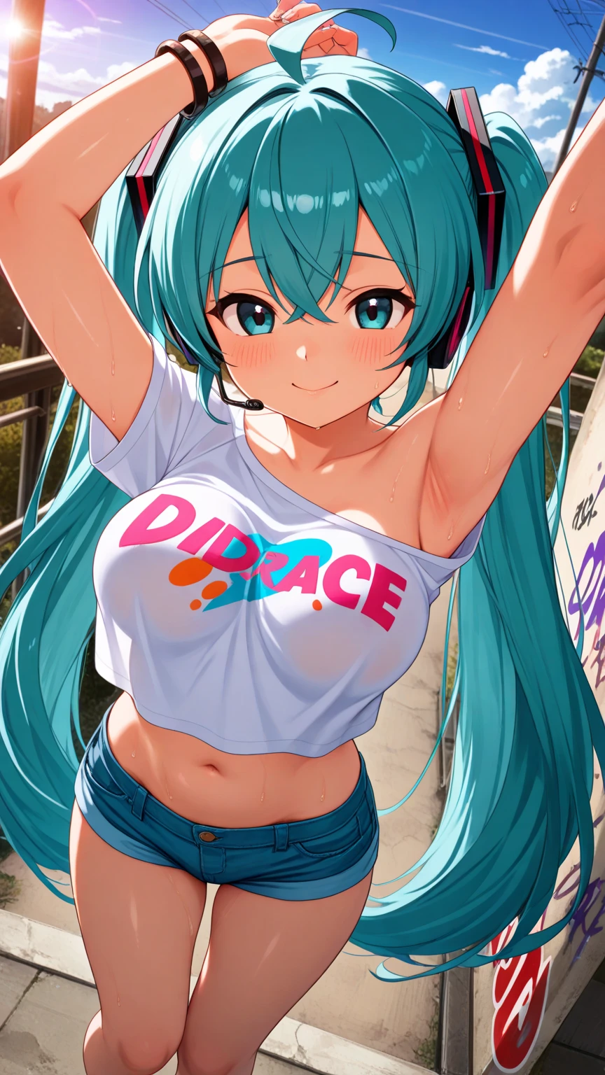 (masterpiece, best quality), best resolution, (3heads:1.5), woman, teal hair, stylish designer tube top, miniskirt, necklace and bracelets, she struts confidently through the vibrant streets of Metrocity, brilliant and eye-catching colors, urban fashion, huge tits,