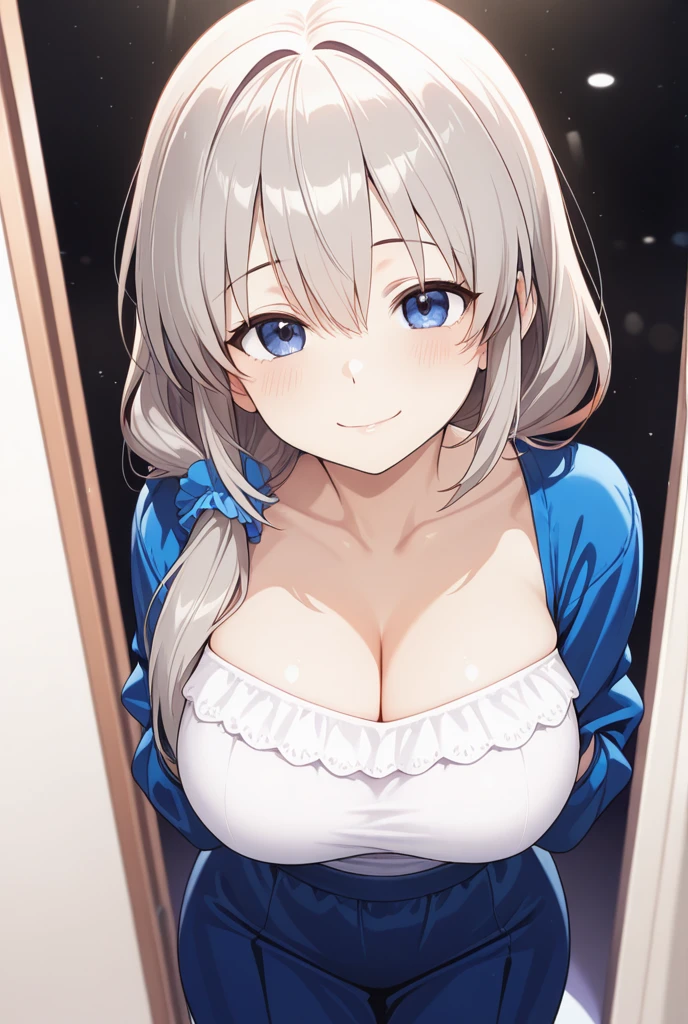 (((masterpiece))), ShizukaMikazuki, One Girl, alone, View your audience, Long Hair, Gray Hair, Long sleeve, Cleavage, (Huge breasts),clavicle, Mature Body,Big Ass,Glamorous Body,Trained abdominal muscles,Make your face a little smaller,Make your breasts bigger,tall,Blushing,Blouson, Open clothes, open Blouson, blue Blouson,nude,Exposed nipples,Exposed Pussy,Pie Ponytail,Play sports often, Choker with charm,Earrings,Detailed expression of fingers,Laughing embarrassedly,blue eyes,,Bed with night view,look at the camera,Sweat all over,Bring your face closer to the camera,Close one eye with a relaxed expression of contentment, Take the photo at an angle,Put your hands on your hips and arch your back slightly
