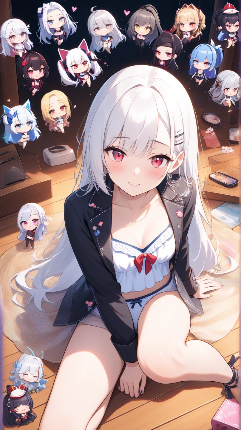 8K,tmasterpiece,1girll,adolable,Kawaii little girl,nursery school,Bare legged,She is taking off her white dress,white panties,smallunderboob,seductiv,Long white hair,ssmile,Look at the screen,Park in the background,Red eyes,meticuloso,Very young,Children,sitted,Skirt,Raise your foot to face the camera,Very childish little girl