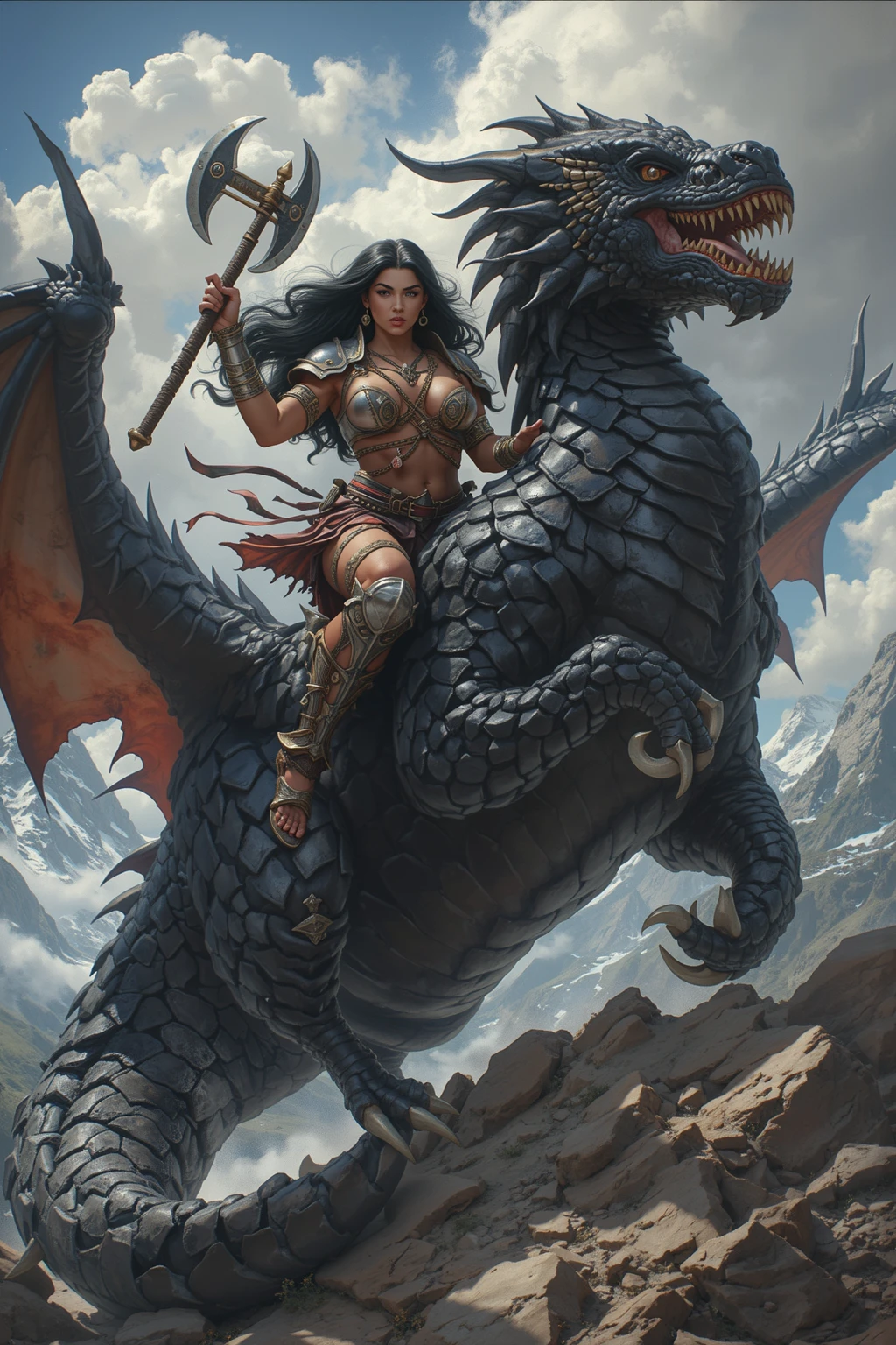 Um grupo feroz de mulheres guerreiras nuas, adornado com tatuagens complexas e empunhando espadas, stand atop a mountain of slain dragons in a stunning scene inspired by Boris Vallejo.