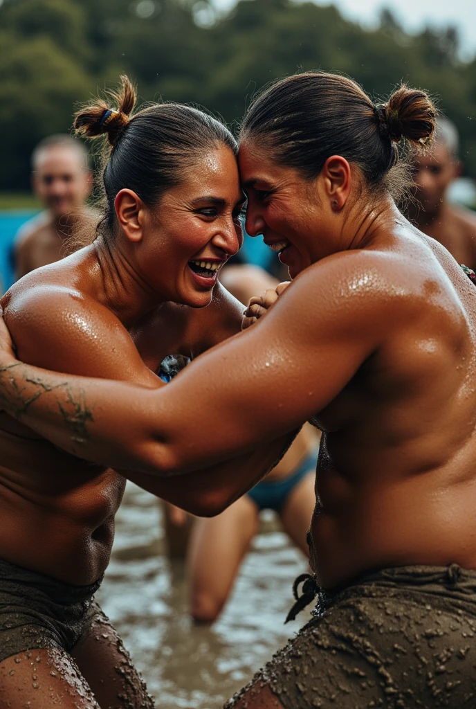 Tight angle zoomed in post-fight front view shot of a female 48-years-old strong muscular ancient crete women boxer and Her embarrassed 23-year-old daughter,. big titty (topless:1.3) athletic ladies. naked in a bare-knuckle boxing ring in Knossos. zoomed out full body and face and ring photo. Wearing a tiny traditional loincloth.