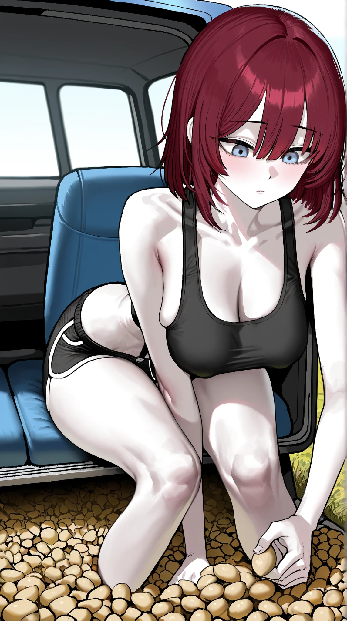 beautyfull red hair woman, short hair, mature, slender body, black jacket, black bra, red lipstick, green eyes, leaning in a purple car, missionary sex