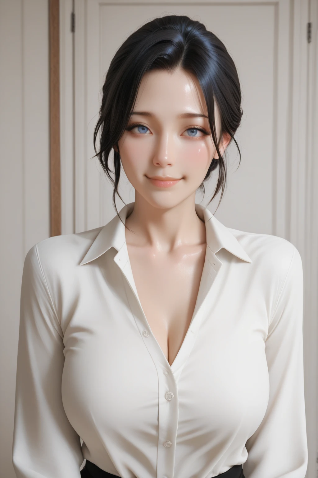 Simple White Background,
long sleeves,red ribbon,white shirt,
blue hair,Bangs,green eyes,long hair, 
1 girl, 20yo,Young female,Beautiful Finger,Beautiful long legs,Beautiful body,Beautiful Nose,Beautiful character design, perfect eyes, perfect face,expressive eyes,perfect balance,
looking at viewer,(Focus on her face),closed mouth, (innocent_big_eyes:1.0),Light_Smile,
official art,extremely detailed CG unity 8k wallpaper, perfect lighting,Colorful, Bright_Front_face_Lighting,shiny skin, 
(masterpiece:1.0),(best_quality:1.0), ultra high res,4K,ultra-detailed,
photography, 8K, HDR, highres, absurdres:1.2, Kodak portra 400, film grain, blurry background, bokeh:1.2, lens flare, (vibrant_color:1.2),professional photograph, 
(Beautiful,large_Breasts:1.4), (beautiful_face:1.5),(narrow_waist),
