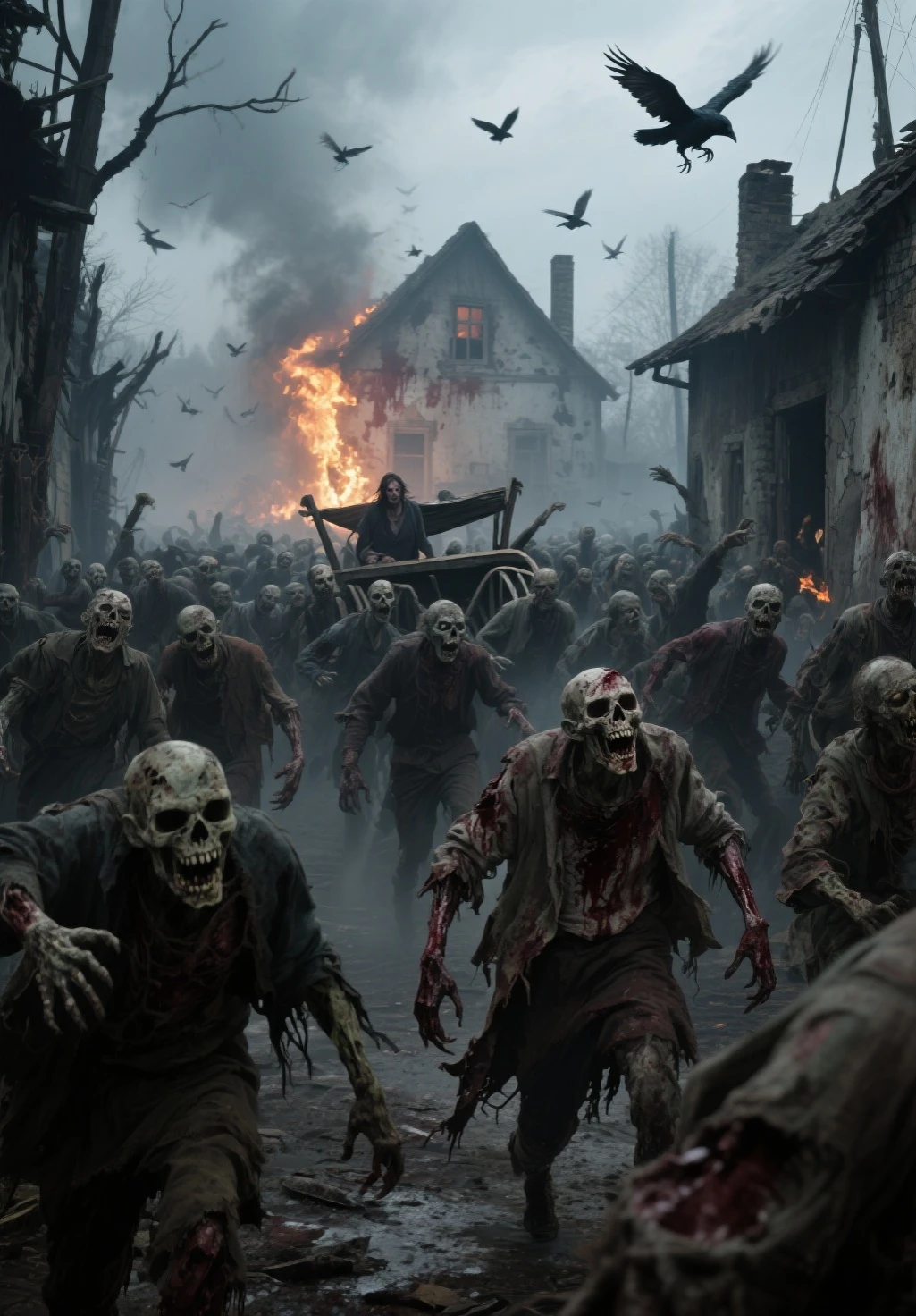 a horde of zombies, solar eclipse, post-apocalyptic, cinematic lighting, dramatic shadows, horror, dark fantasy, highly detailed, 8k, photorealistic, dramatic pose, eerie atmosphere, gritty, moody, ominous clouds, haunting, unsettling, visceral, gruesome, intense, grim, dystopian, nightmarish, supernatural, menacing, fear, dread, undead, inhuman, decaying flesh, sunken eyes, rotting skin, sharp teeth, clawed hands, tattered clothes, monstrous, ghastly, chilling, morbid, ominous, harrowing, vivid, striking