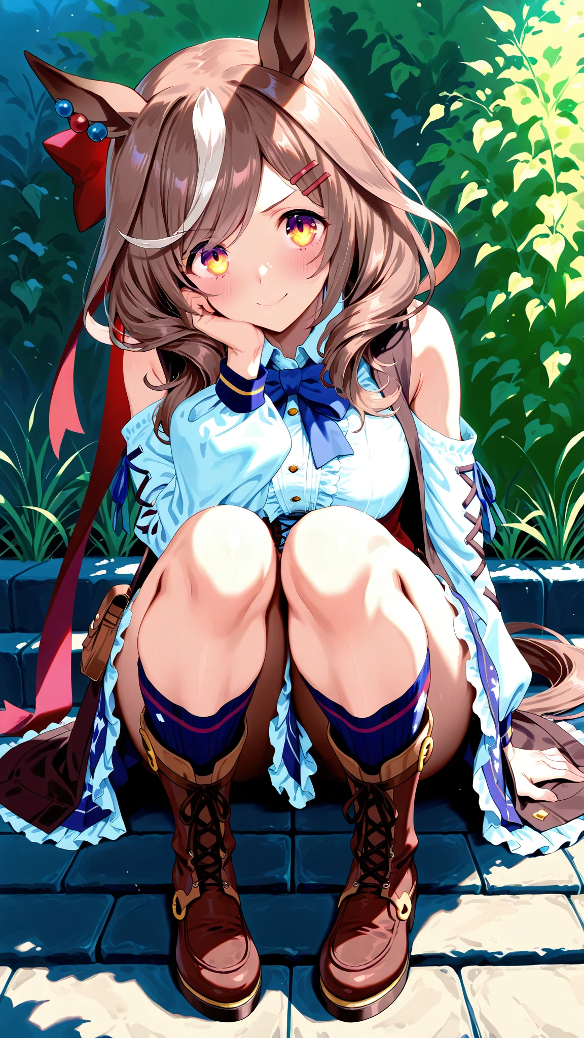 (shoujo-style), (romance manhwa), ((masterpiece,intricate details)),1girl,mature female,Curly hair,,brown eyes,:d,,
BREAK
sit on the stairs, put one's legs together,school uniform,white ((pantyhose)),high heels
BREAK
A mystical forest is adorned with ancient, towering trees, their gnarled branches creating a mesmerizing canopy that filters sunlight into a dappled, enchanting world below.,,,from below:,,depth of field,looking at viewer,
