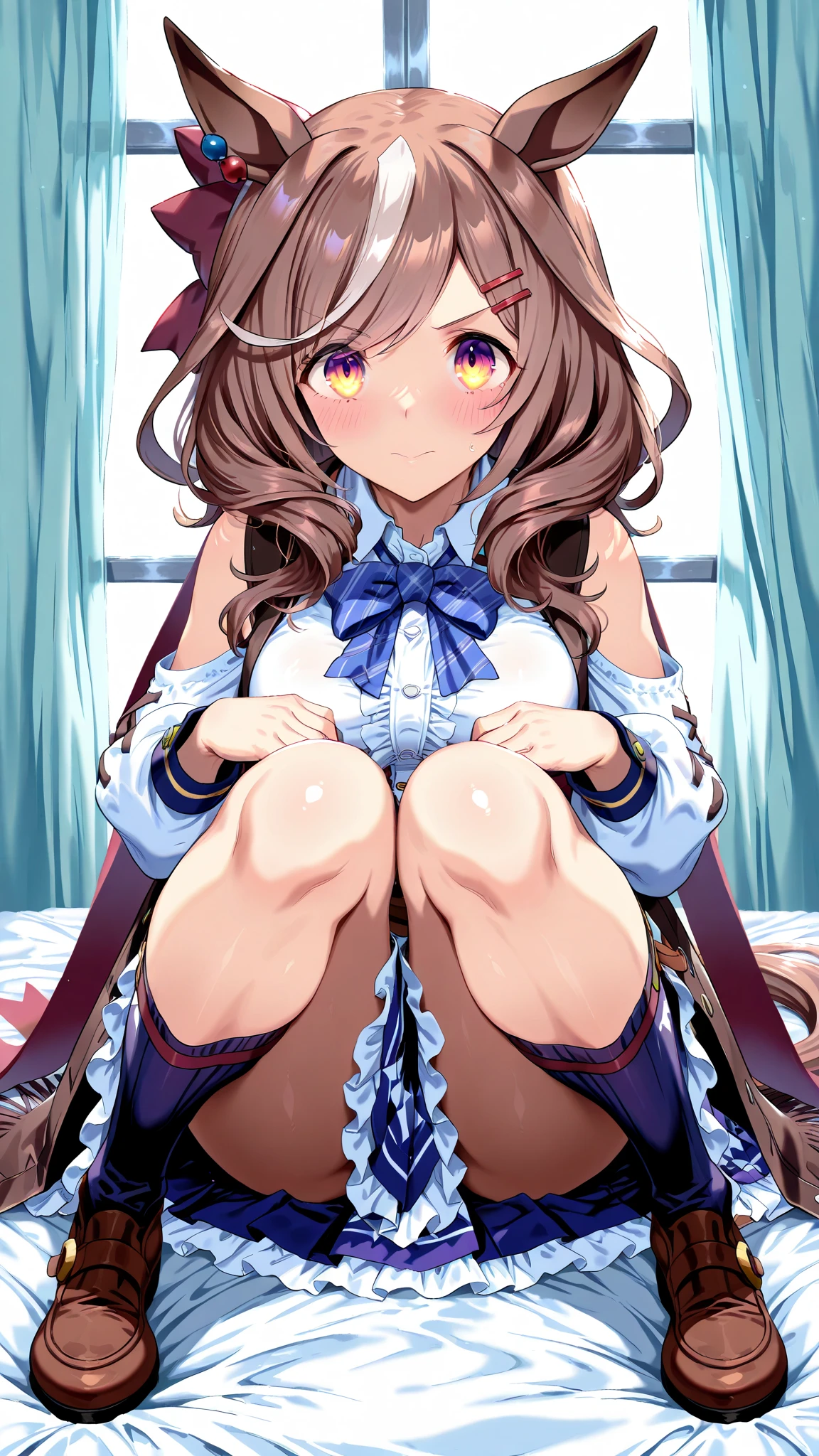 Tokai Teio \(umamusume\), ((Highly detailed eyes)), masterpiece, Highest quality, ((abnormal body, Small breasts)), (Horse tail) ,smile, blush, (indoor, office, living room), whole body, frontage, Long ponytail ,Completely naked, ((nsfw)) , (spread pussy by herself with both hands completely:1.4), open legs, spread legs, lie on back, legs up high, spread legs, hold knees, vagina