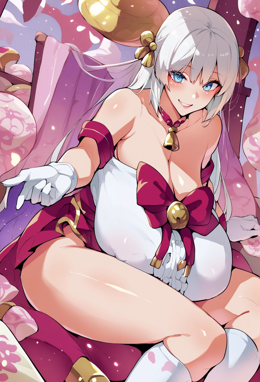 Rosa, 18 years old, the goddess of love, long light pink hair, huge pink eyes, wearing sexy white lingerie with her heart crystal scepter, sitting on her throne with a crazy look of love showing her breasts at night..hentai