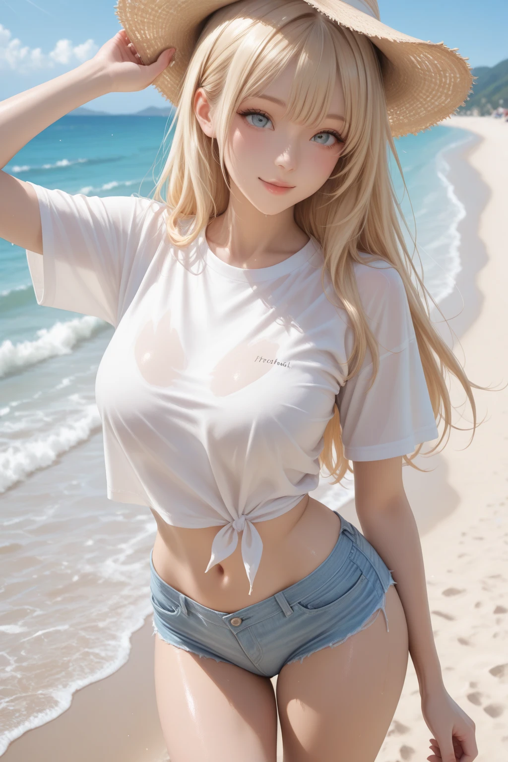 1girl, (Blue Eyes), (smiling :1.2), (Sana Minatozaki), (beautiful makeup :1.2), wide hips, Big tits, big ass, (Best Quality, 8k, Masterpiece: 1.3), Clear Focus: 1.2, Perfect Body Beauty: 1.4, strong abs, Highly detailed face and skin texture, detailed eyes, double eyelids, red lips, (blond long hair whit bangs :1.2), (tight t-shirt :1.1), (black thong), standing, dynamic pose, in a beach sea in the background, blurred background