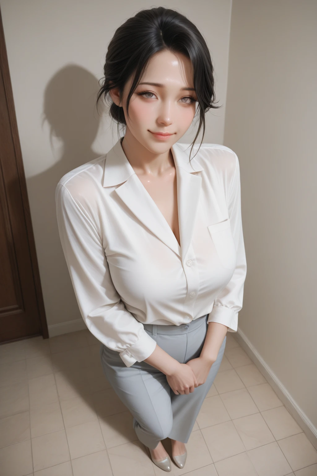 ((((Office work clothes, white blouse, mini skirt)))), ((very slouch, wide open chest)), soft breasts, (high resolution, highest resolution, ultra definition, masterpiece, top quality), G-cup bust, one girl, early 20s, medium to short hair, round face, beautiful forehead, body, big eyes, black hair, whole body, cute face, (embarrassed look), cute face, (high resolution, highest resolution, ultra definition, masterpiece), beautiful face, (high resolution, highest resolution, ultra definition, masterpiece), ((office, Office Lady, Working on computer , slouch)), best quality, (very cool, No bra), soft breasts, (dynamic angle), masterpiece, best quality, (Show only to viewers, During shameful exposure play), ((glimpsing black lingerie)), (((SFW)))
