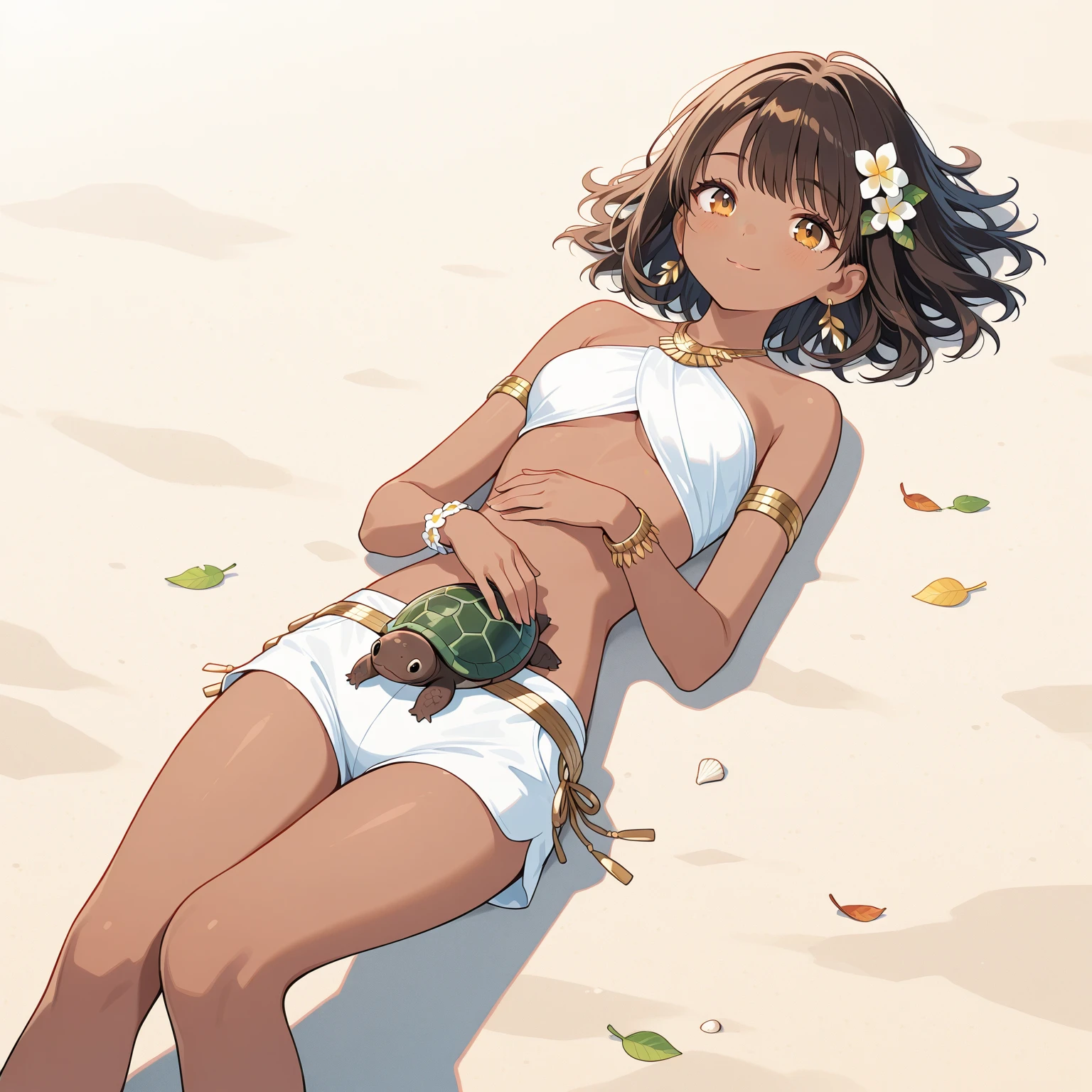 (masterpiece), Young cute anime girl, dark hair, dark eyes, (jitome:1.6), (brown skin:1.6), big eyes, (short ponytail:1.6), asymmetrical bangs, hair over one eye, fringe, earrings, slender, (flat chest:1.4), short height, detailed anime style, anime Painting, anime Face, high quality, high detail, super high resolution, sharpness, sharp contours, full body, perfect anatomy, golden ratio, (white micro bikini:1.4), (beach:1.6), flabby stomach, Mucus on skin, election of nipples, pot belly,