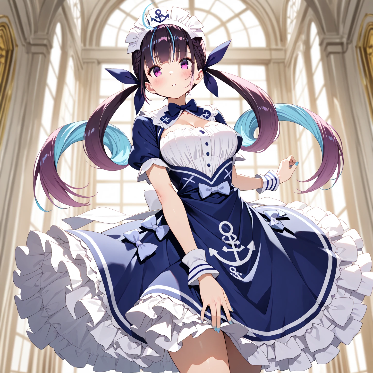 by jun \(aousa0328\), minato aqua \(1st costume\), hololive, long hair, multicolored hair, colored inner hair, blue hair, two-tone hair, purple eyes, twintails, maid headdress, ribbon, purple hair, braid, hair ribbon, dress, bangs, ahoge, bow, short sleeves, wrist cuffs, blue dress, cleavage, streaked hair, maid, blue ribbon, anchor symbol, frills, orange background, multicolored background, highres, 1girl, alternate costume, backlighting, color contrast, head tilt, limited palette, lips, looking at viewer, mole, mole under eye, nose, off-shoulder shirt, off shoulder, parted lips, shirt, solo, uncensored, best quality, masterpiece, absurdres, dutch angle
