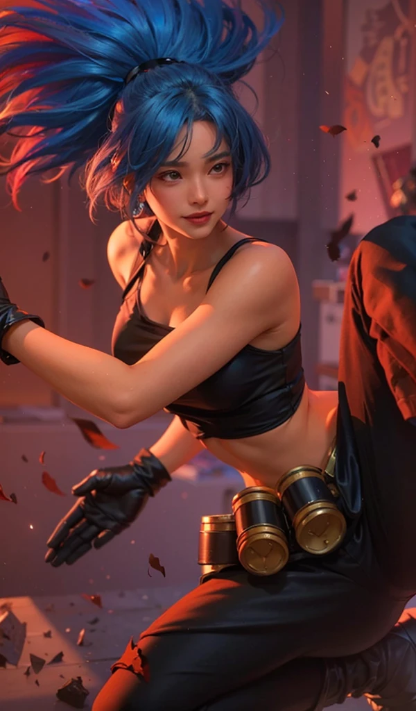 (female:1.2), 8k, ultra hd, ultra detailed texture, hyper realistic, masterpiece, detailed texture, detailed face, detailed skin, detailed lighting, (photorealistic:1.5), best quality, beautiful lighting, cinematic lighting, professional lighting, ultra highres, realistic, detailed hair, real hair, high quality, (realskin:1.5), extremely detailed, finely detail, ultra-detailed, 1girl, solo, elf, pointy ears, standing, demon horns, forehead protector, (red eyes:1.5), v-shapped eyebrow, lips, red lips, evil smile, nose, make up, pretty, beautiful, cute face, long hair, blue hair, high ponytail, large breasts, cleavage, armpit, navel, stomach, black armor, pauldrons, bare shoulders, shoulder armor, thigh high, sleevless, detached sleeves, breastplate, gauntlets, karina \(mobile legends\), depth of field, looking aways, white skin, skin tight, amazing pose, outdoors, glowing, dark view