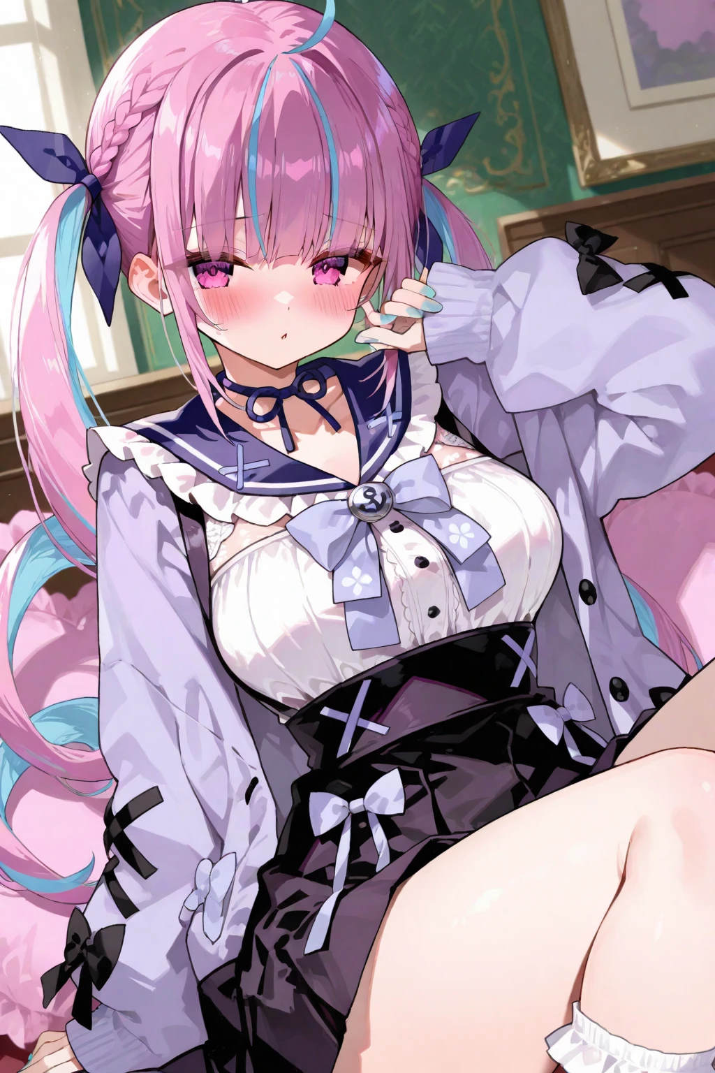 (best quality:1.2), (ultra detailed:1.2),(masterpiece:1.2),(8k:1.2),(Blessed,Captivating body、Ultra detailed hands、Ultra-detailed eyes、Ultra-detailed skin、ultra-detailed face,Detailed Background),One Girl、(bedroom,nurse, nurse cap, breast pocket, collared dress, short dress, short sleeves, thighs, white dress, white headwear), bbaqua,(ecstasy, aroused:1.5)