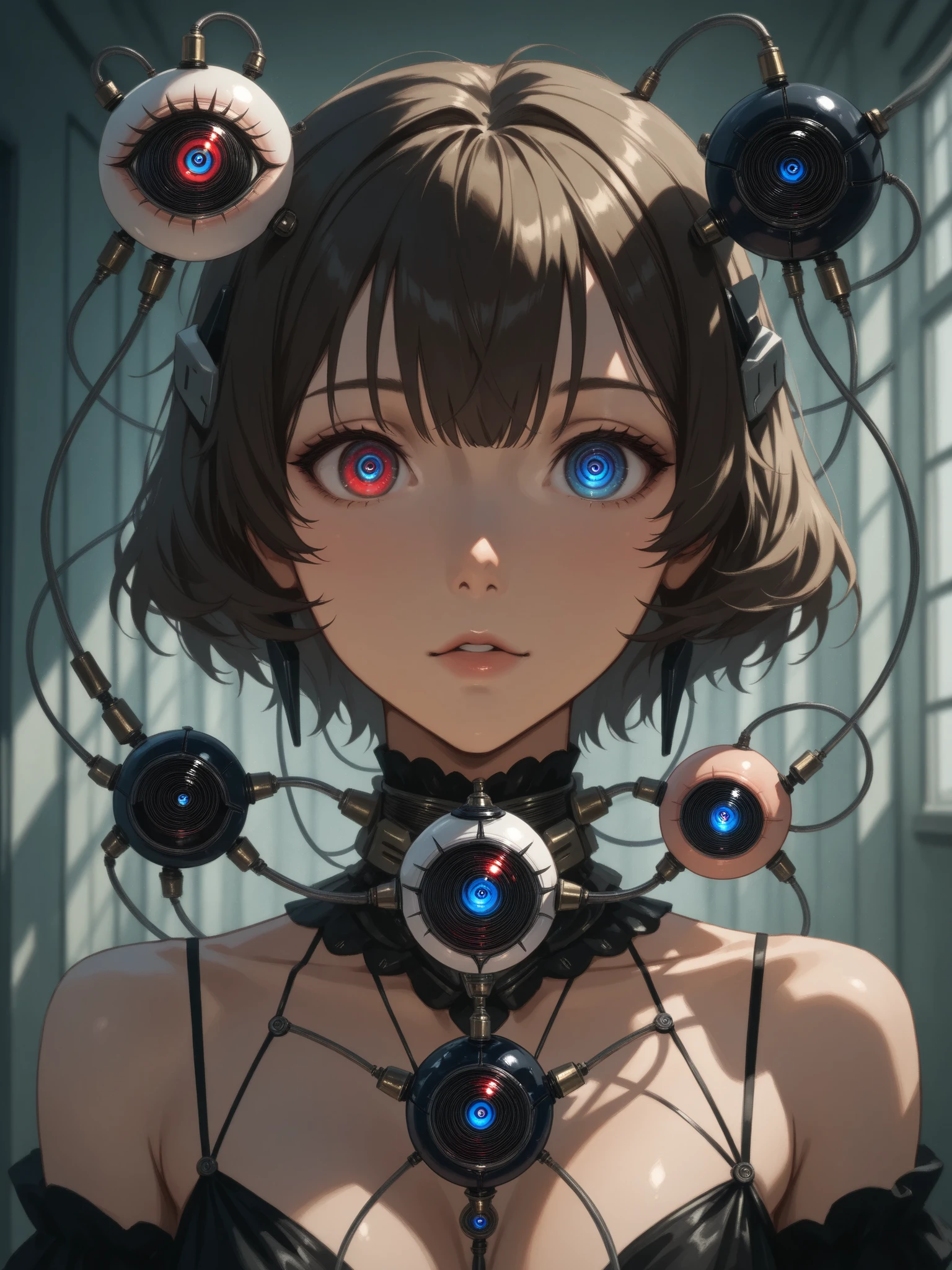 portrait photography、cybernetic eye、beautiful woman、beautiful skin、(((very realistic human eyeballs:1.7、artificial eyeballs、完璧なartificial eyeballs、 mechanical )))、android