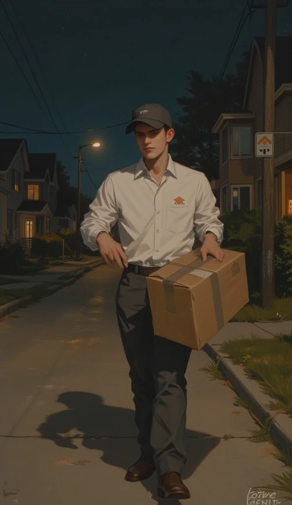 (high-quality CG artwork),best lighting and shading, a postal delivery driver person carrying delivery box, wearing a warm jacket and a bag, a windy atmosphere, raindrops on the jacket, a busy street scene, delivery car in the background, a sense of urgency and purpose in their expression.