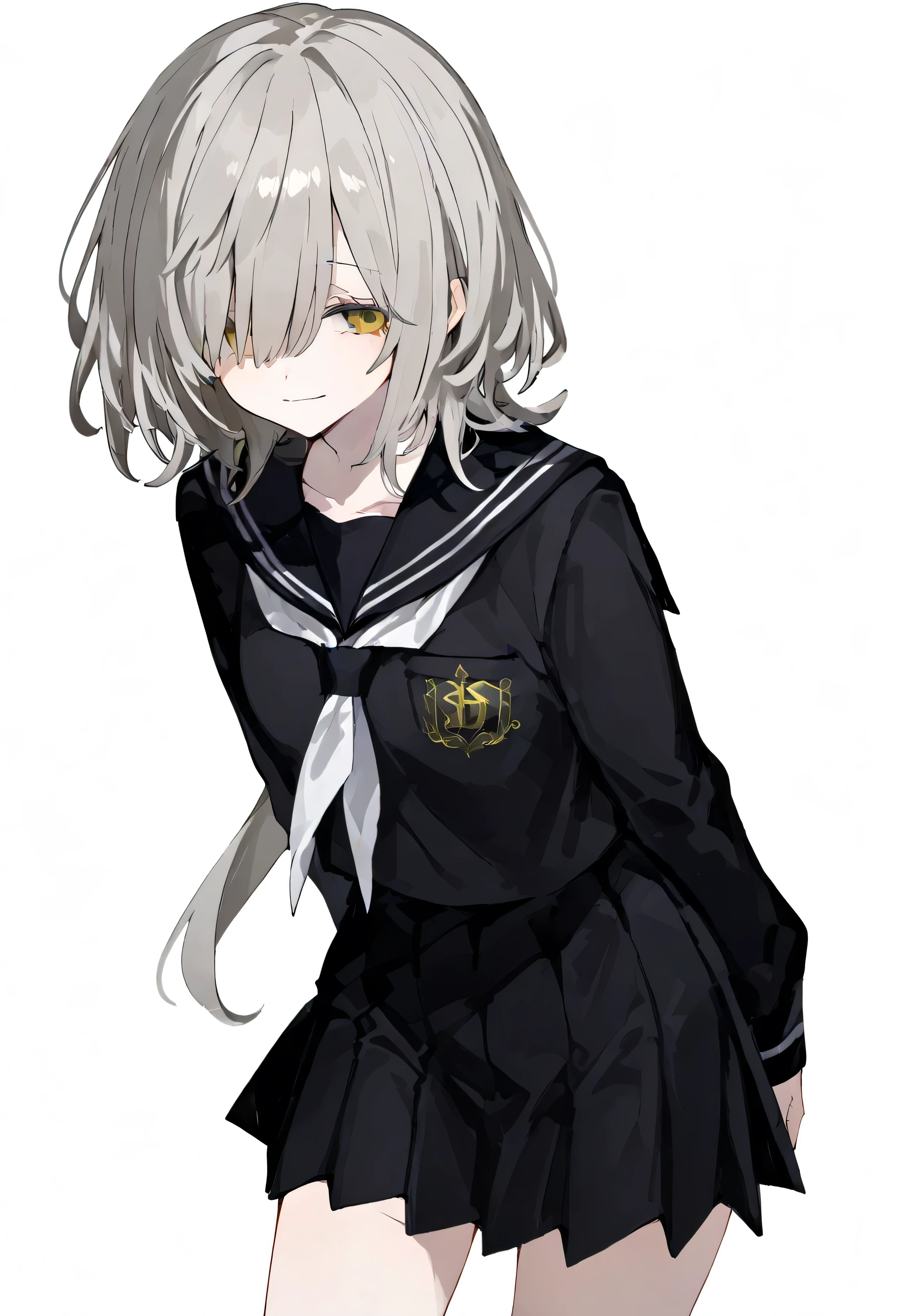 
detailed,super fine illustration,748cmstyle,hair over one eyes,grey hair,yellow eyes,itome,light smile,cowboy shot,tachi-e,black school uniform,white background
