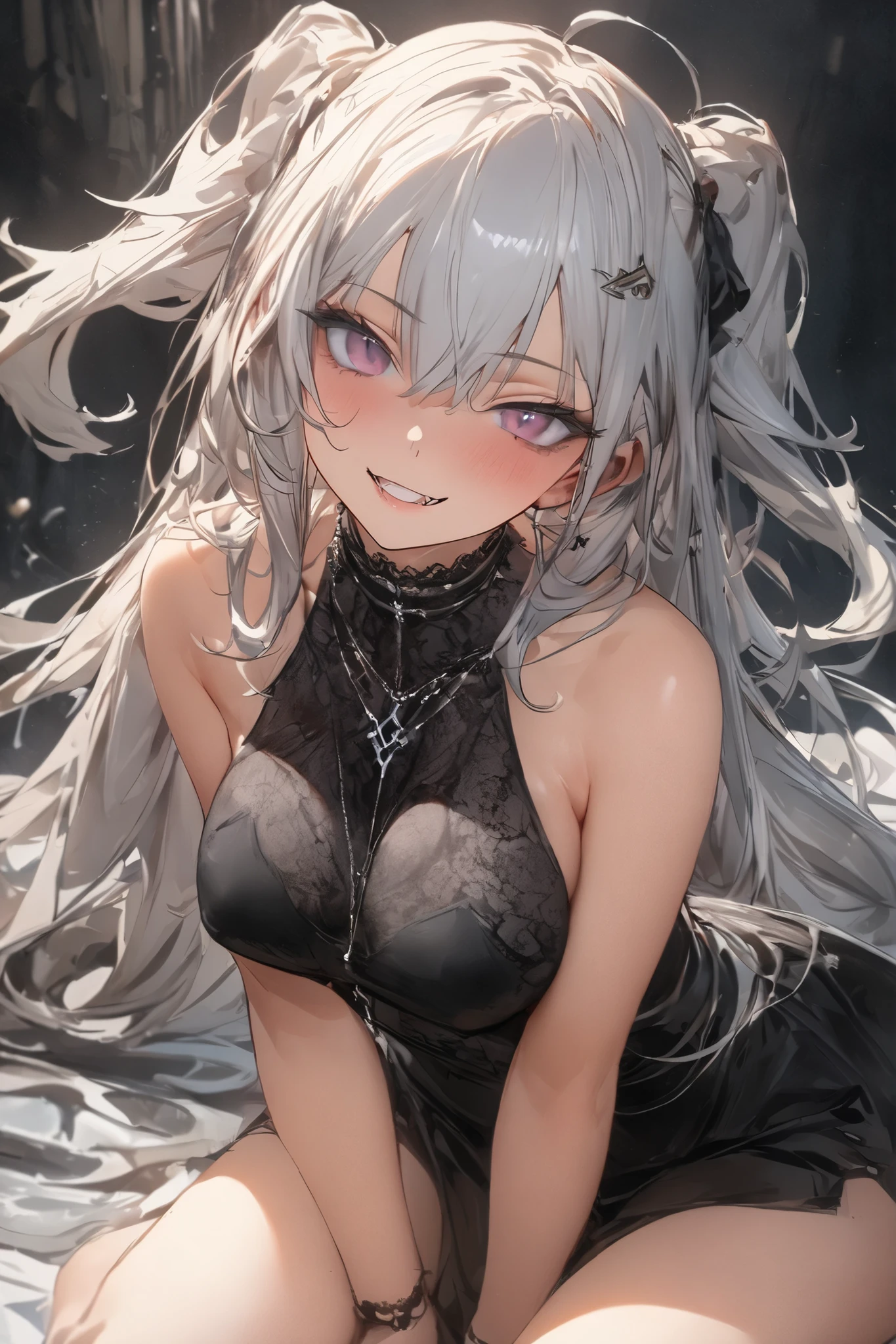 1 Girl,Heart-shaped pupils,nail,Put your hands on your face,white hair,Purple Eyes,(blush:1.1),Necklace,Upper Body,shivering,Sweat,Sweatdrop,Heart,(Speed Lines:1.1),Medium breasts, ((Heavy breathing:1.3)), like, Heart, crop top, Happy, Smile
