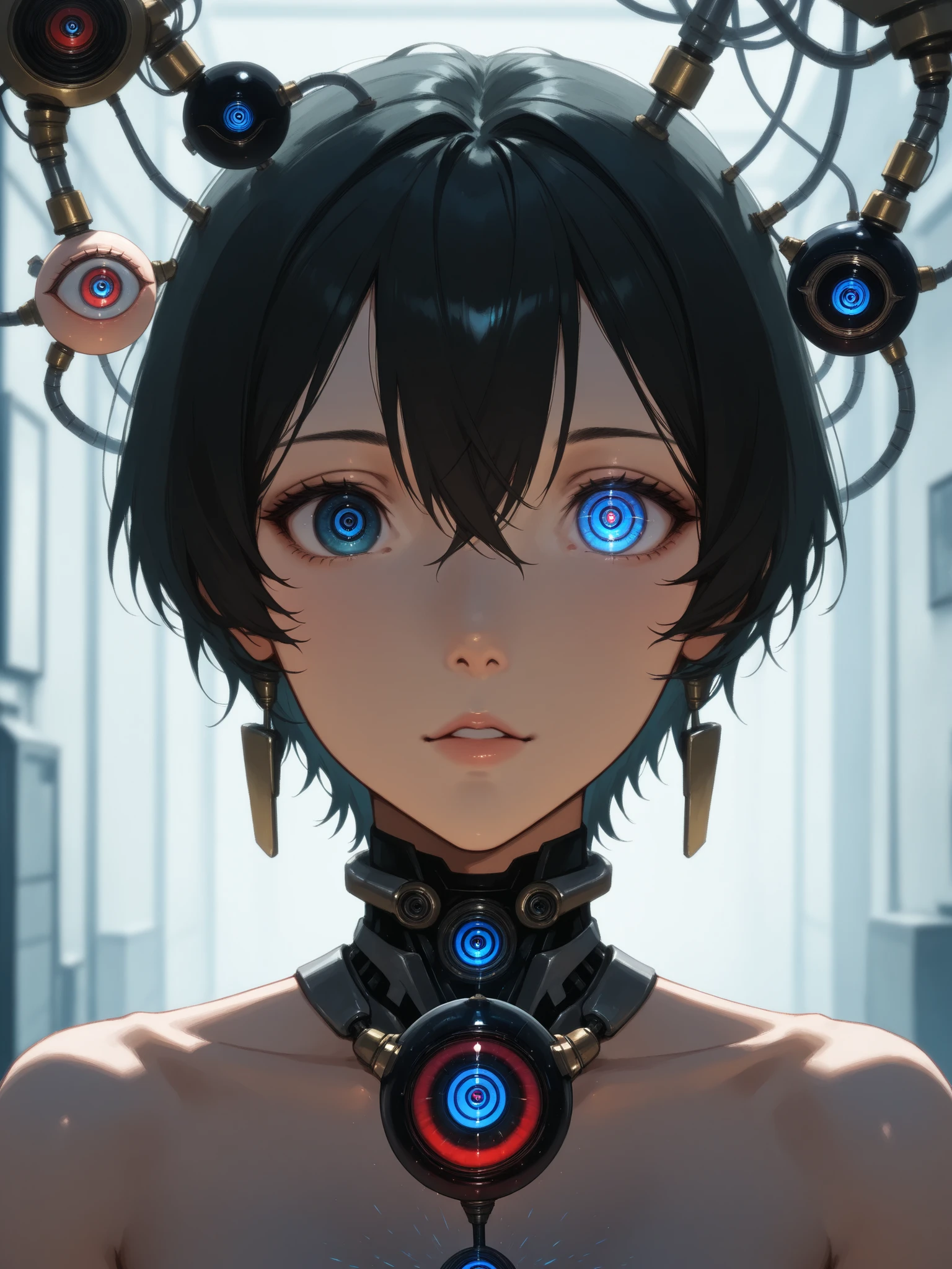 portrait photography、cybernetic eye、beautiful woman、beautiful skin、(((very realistic human eyeballs:1.7、artificial eyeballs、完璧なartificial eyeballs、 mechanical )))、android