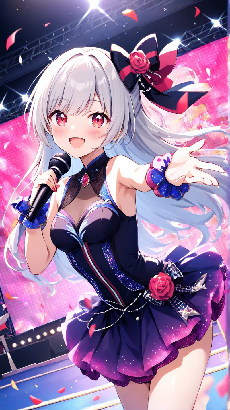 Shirakami Fubuki/(Holographic live broadcast/),revelation、movie lighting、high resolution、best quality、Super detailed、a delicate face、(delicate eyes)、top quality、Super detailed、​Masterpiece, shadow in eye、creepy mile、collar、D cup、High heel、、Neon little shiny hair tail、frilly miniskirt、AI Fantasy Concert、Flashing lights and neon details、Hold the microphone with your left hand and sing:15、(On-site stage:1.15)To the audience in the background、light reflection、lolita style
