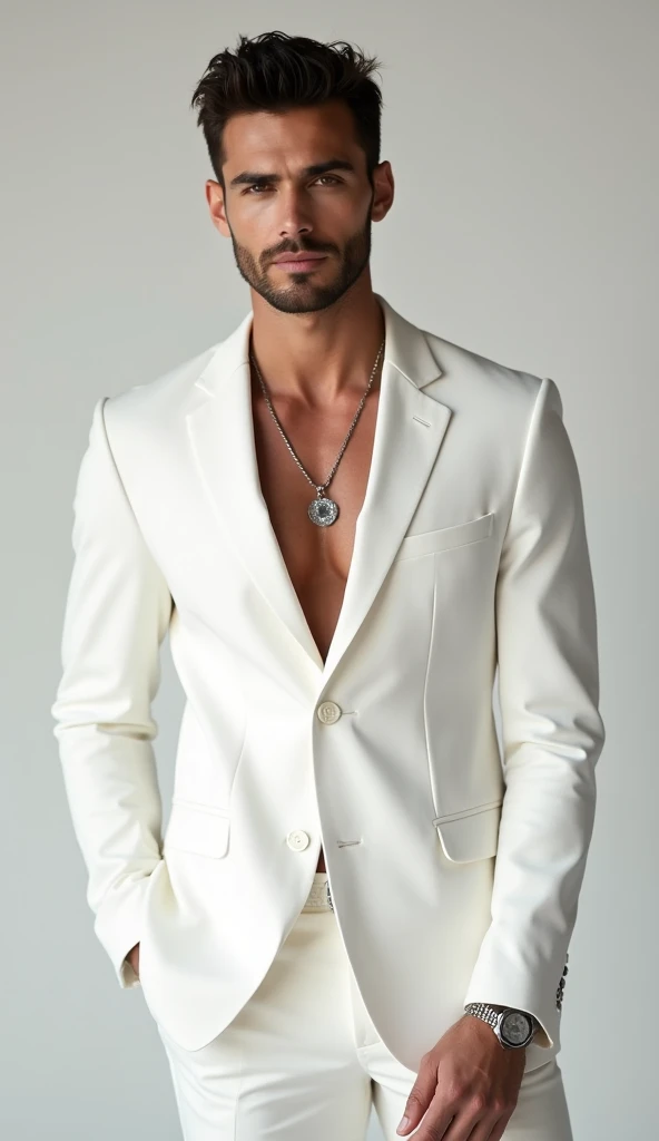 Create a guy in his 30s with Russian and Italian features, That his eyes be blue, medium light brown hair, height of 1.muscular man with tattoos on his left arm that reach his fingers , A piercing on his lower lip on the right side. Let him be dressed in elegant clothes in white color