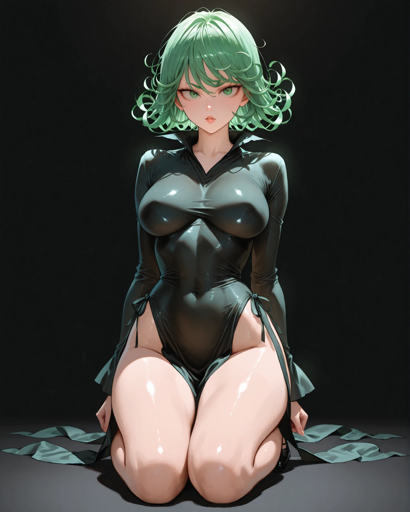 Yoha No. 2 type b，1girl huge large breasts，Phlegm sputum, phlegm，cleavage of the breast，Cleavage，cleavage cutout，clothing cutout，Green background，Hair between both eyes，hair bandni，A high resolution，Juliet sleeves，long  sleeves，nier（series），nier automata，Fluffy sleeves，red lip，shaded face，Short Hair Hair，独奏，highnecksweater，Upper body body，gray hairs，skyward，blackstockings，lacepantyhose