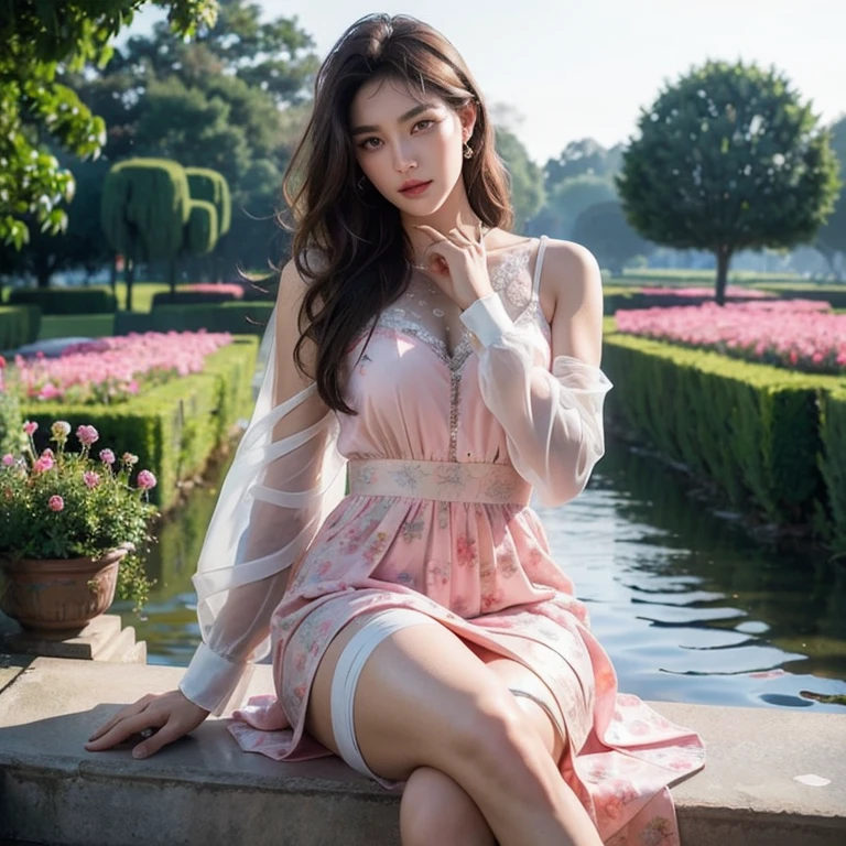 ((1 Vietnamese girl wearing ao dai, chubby body, realistic face with many details, Southeast Asian face, symmetrical face, beautiful woman, round breasts, firm breasts, breasts big, super big breasts, big round breasts, high quality detailed photos, 8k photo quality, chubby body, cleavage, wide angle photos, sitting holding a bouquet of flowers in a flower field, deep cleavage, super big breasts , beautiful cleavage, cleavage, full body))