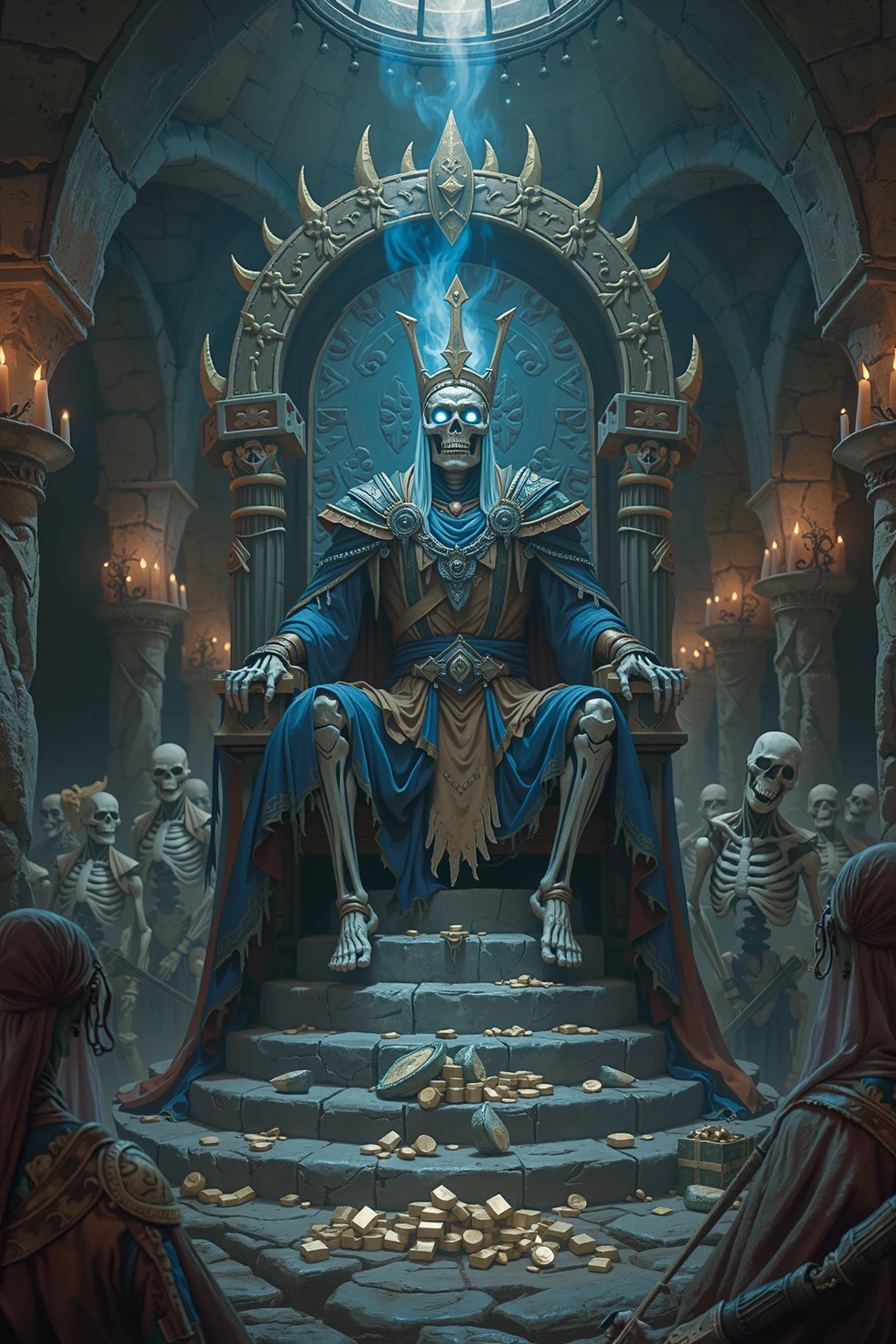 Ancient skeletal barbarian king sitting on his throne with an etheral light blue glow, deep in a dungeon, surrounded by skeletal warriors and treasure
