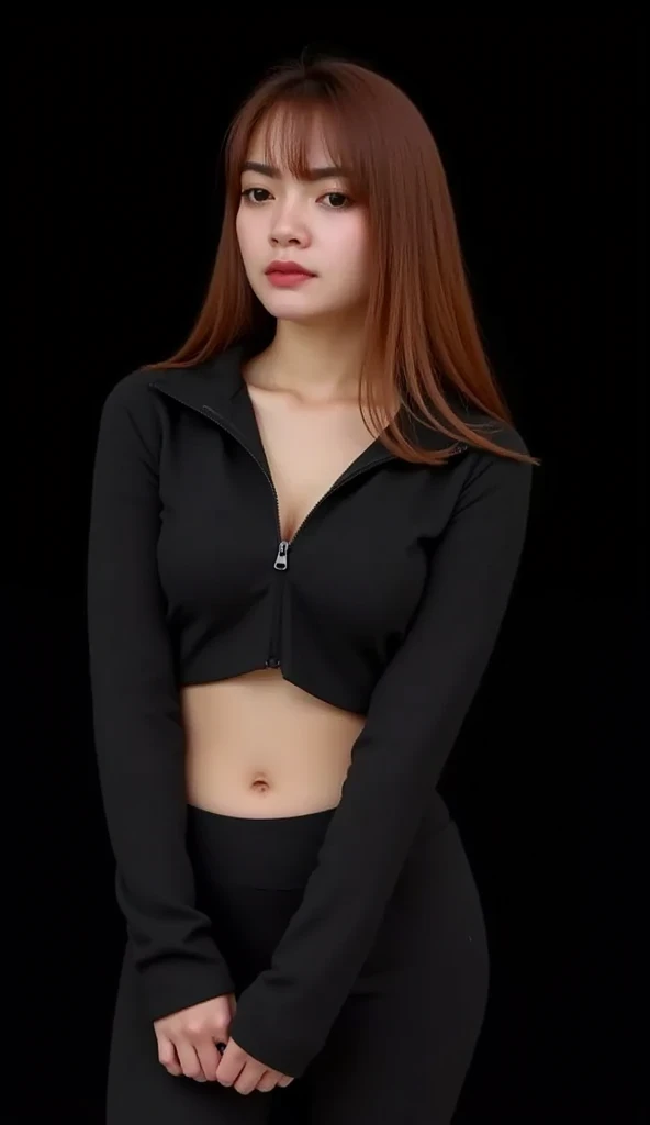 (Photorealistic:1.4)、(hyper Realistic:1.4)、(Realistic:1.3)、(Smooth lighting:1.05)、(Improving Cinema Lighting:0.9)、32K、（Blonde 1.2）One Girl、Realistic lighting、Backlight、Ray-tracing、(Image Enhancement:1.4)、(best quality real skins:1.4)、(Beautiful skin texture: 1.1)、Japanese、Crew neck、Black long sleeve、Open abdomen、pants、（Plump body 1.4）、long sexy thighs, Thigh Gap, Head to toe, Model pose, Flat background, Infinite Background、
