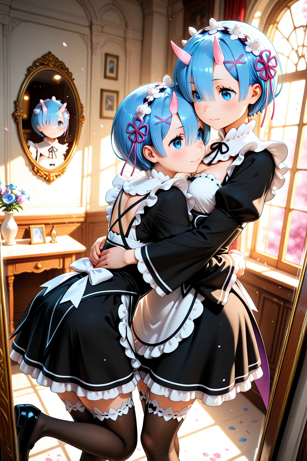 ChopioRem,blue hair,medium hair,blunt bangs,x hair ornament,pink hair ribbon,hair over one eye,blue eyes,medium breasts <lora:Рем Re Zero(ChopioRem,blue hair,medium hair,blunt bangs,x hair ornament,pink hair ribbon,hair over one eye,blue eyes,medium breasts(Ñм2 одеждÑ):0.7>outfit_1, roswaal mansion maid uniform, maid headdress, detached collar, black neck ribbon, detached sleeves, long sleeves, wide sleeves, maid apron, white pantyhose, mary janes, back bow, <lora:MultipleGirlsGroup(6+girls):1>Multiple Girls, ((2girls)) in full growth, best quality, masterpiece, ultra-detailed, high quality, (no panties), no bra, yuri, yuri sex, lesbi, lesbi kiss, lesbi sex, ((2girls)) in full growth, best quality, masterpiece, ultra-detailed, high quality, (lovers, yuri, lesbians, female couple: 1.2), kissing, hugging, girls caressing each other, kissing breasts, whore, seduction pose, lesbian, ((lesbian sex)), against will, (no panties), no bra, 1girl in full growth, best quality, masterpiece, ultra-detailed, high quality, perfect nose, highly detailed skin, warm skin tone, defiance512, RAW photo, best quality, high resolution, (masterpiece), dreamlike, dreamy, modelshoot style, analog style, tonemapping, photorealistic, professional photography, sharp focus, HDR, 8K resolution, intricate detail, sophisticated detail, hyper detailed, (depth of field), highlight and shadow, volumetric lighting, cinematic bloom, professional light, looking at viewer, blotchy,