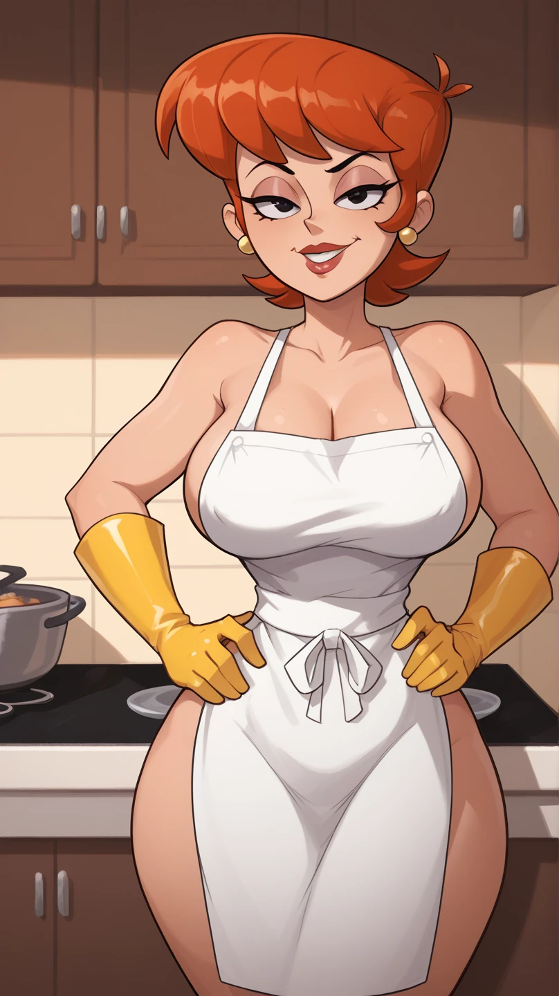 dextersmom, linda milf, Floor cleaning, ((on his knees)), short and messy redhead, kind smile, ((red lip gloss)), large blue eyes,((long eyelashes)), ((Ruddy face)), ((Alone wearing a white apron with a completely naked body.)), perfectbody, busty, ((Waist slender)), perfect legs, ((thick-thighs)), perfect big ass, ((yellow gloves)), details Intricate, work of art, best qualityer, ultra HD, 8k, ((plain  background:1.3)),