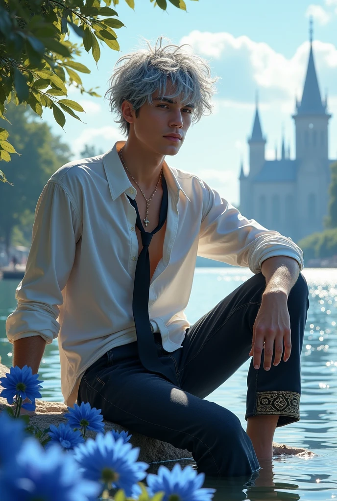A 20 year old boy. short wavy light blue hair, bright pink eyes. He is sitting on a red throne with gold decorations. He is wearing a silver shirt with the first button unbuttoned and has black wings.. His face is serious with a flirtatious sly smile.. has feminine beauty.