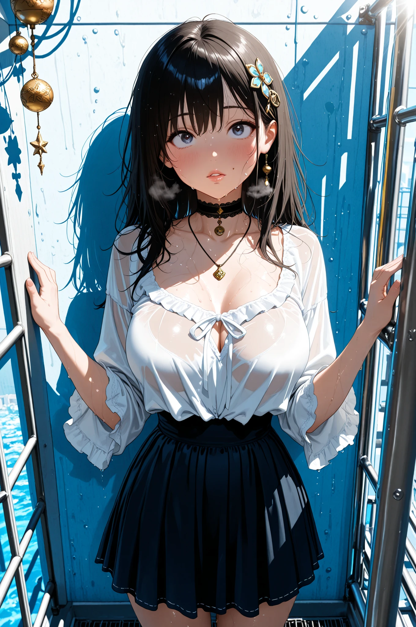 Girl in sneakers entering the pool water、、wariza,(masterpiece,Highest Quality),(masutepiece, Digital Art, Digital Illustration, 4K, 8K, Ultra-detailed, beautiful image, Sharp Image, Photorealistic, Raw photo, Perfect face, Perfect lines, Perfect eyes, Soft lighting) ,1 woman, (Black hair,straight haired,Bullish gaze,Beautie,ellegance,Solid makeup,17 y-o woman,small tits:1.3),