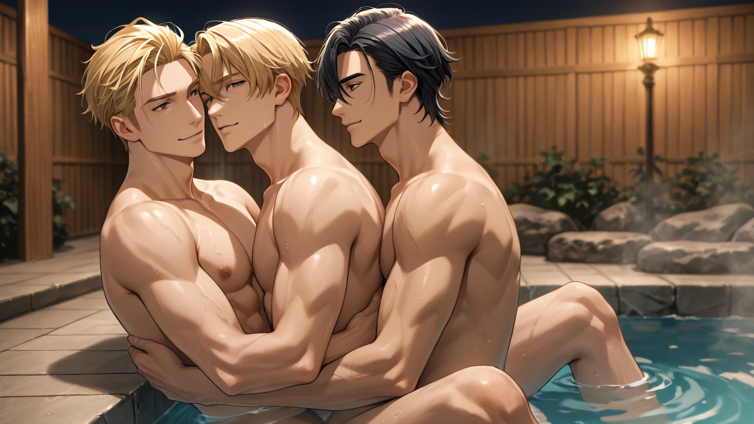 best quality, masterpiece, highres, 1boy, extremely detailed male character, bara, beach, intricate, highly detailed eyes, short hair, brown eyes, blonde hair, looking at viewer, embarrassed, penis, testicles