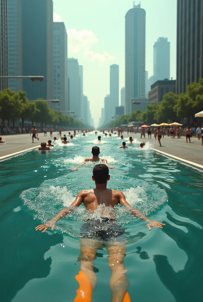 Create animation image of the Seine river in two swimming with the river completely polluted and a podium