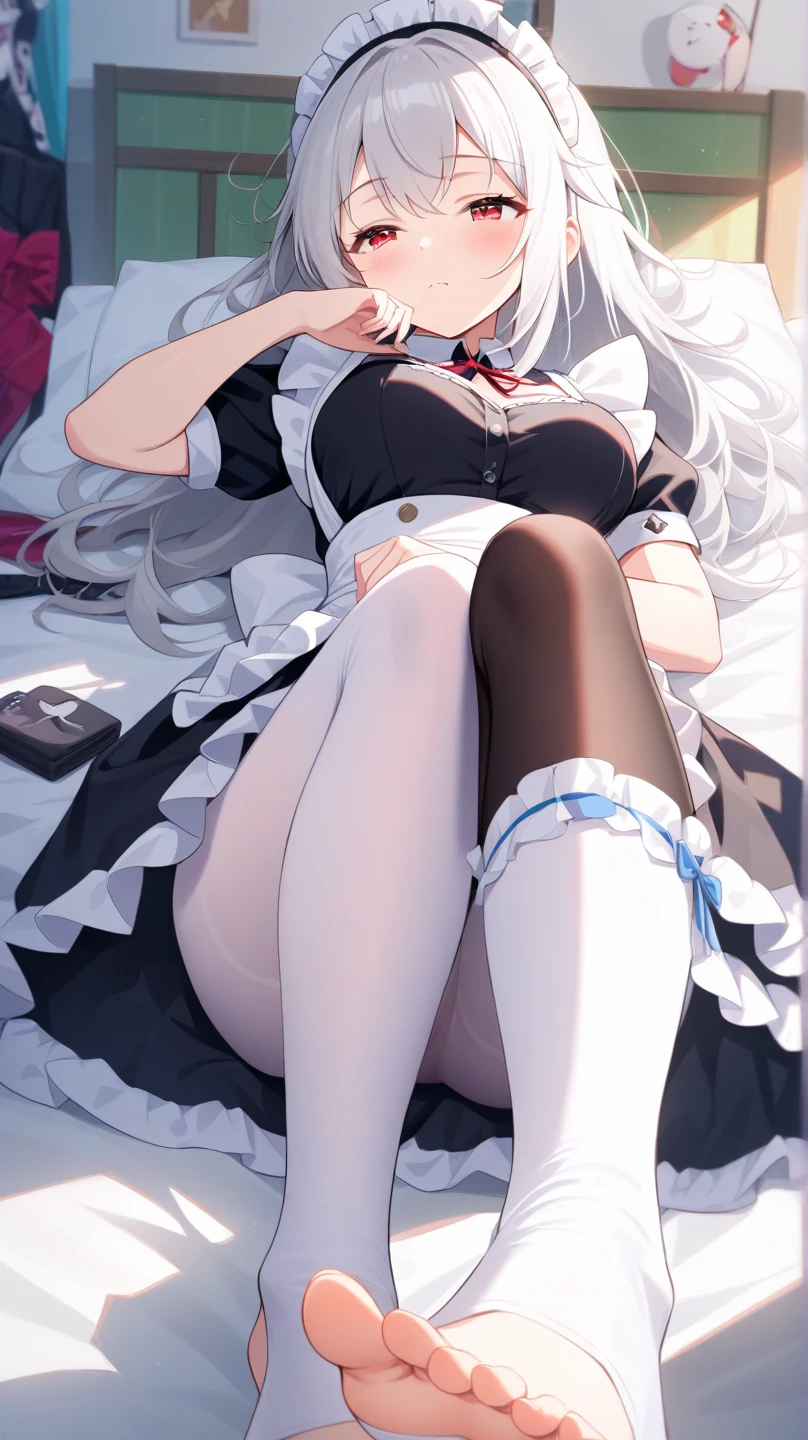 tmasterpiece,Highest image quality,1girll,long white hair,Shy eyes,the maid outfit,black pantyhoses,Untied clothes,huge tit,Lie down in bed,Bedrooms,