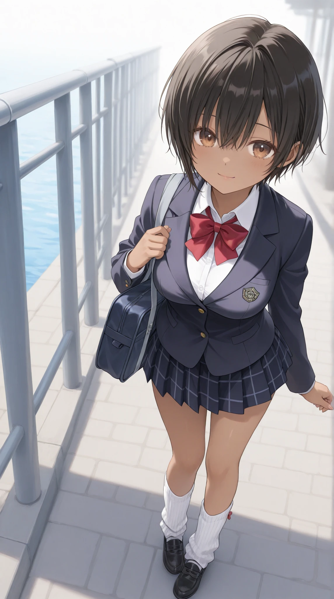 17 age, girl with, School Uniforms,slightly larger udder,Narrow waist, Hairstyle is a bob cut, Poolside background,Smiling face,full bodyesbian,A pose that says “come here”