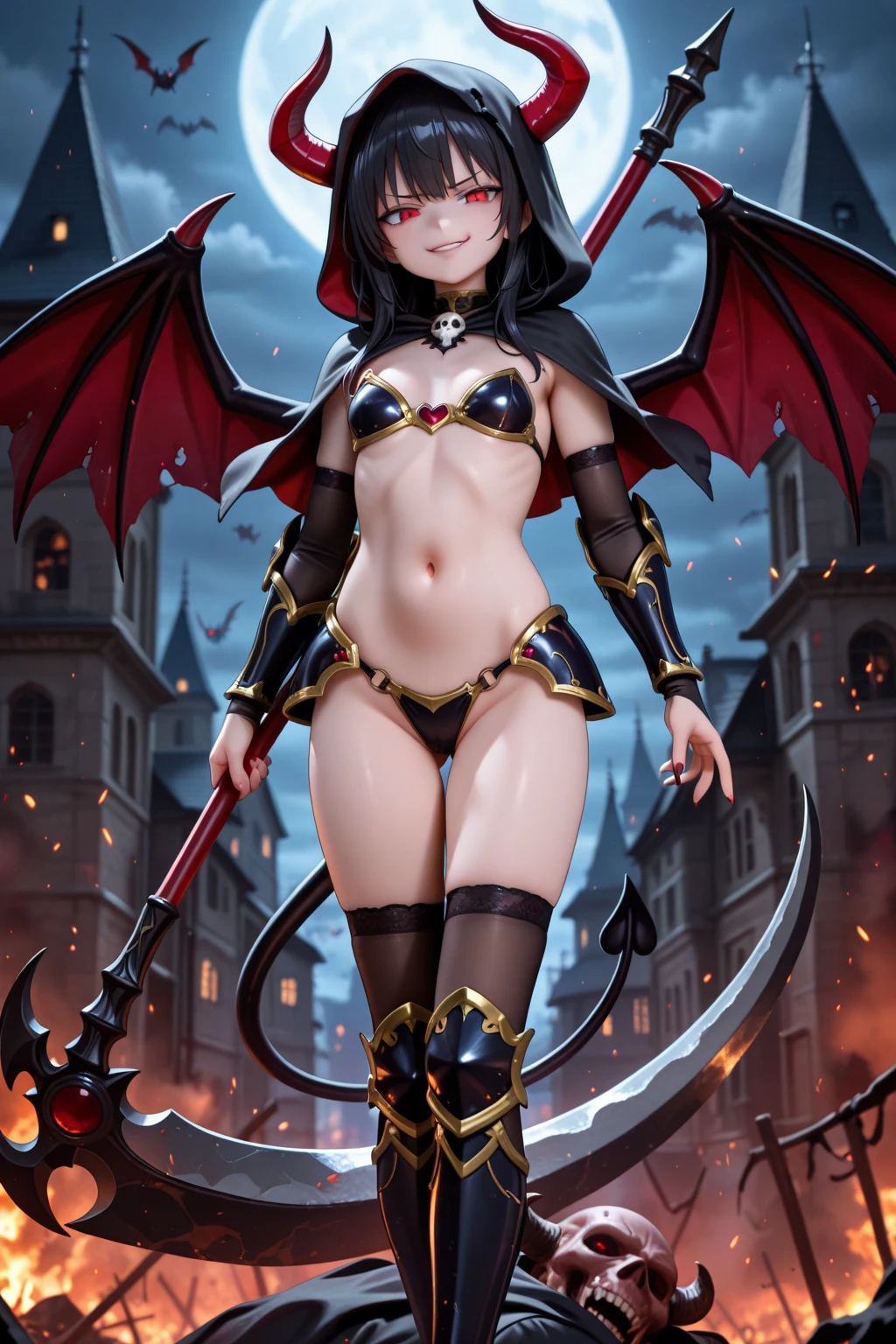 (masterpiece: 1.2, best quality), (1 loli, solo), huge breasts, (Dynamic posture), (bright skin, crimson red skin), crimson red skin, demon girl, red skin, thin and lacy gloves, ( small demonic horns:1.1), (Lilith \(Darkstalkers\)), (heaven), fringe, (jewelry, golden ornament:1.15 ), large pelvis, blue (pantyhose:1.1)