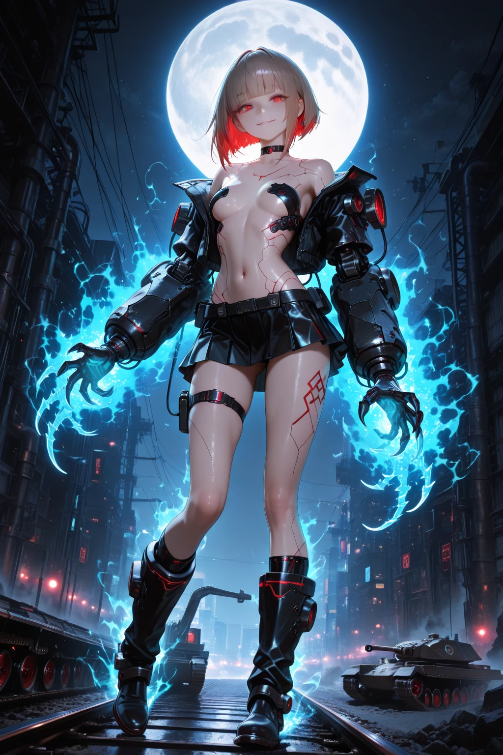 Adult woman, short blue hair, sinister smile, small red clothings, using a long and heavy black jacket, red lipstick, using a spiked neck colar, muscular body, white leather gloves. With massive long horns, in a post apocalitic world
