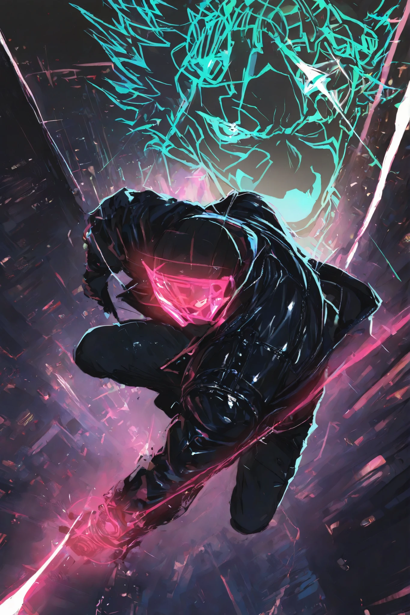 masterpiece, best quality,1 boy ,best quality,heroic pose,dynamic angle,dynamic background,with epic neon effect, high angle shot,like CCTV footage, outward flow of effect,face clearly visible, character illuminated from within,leather black jacket,cyber punk,