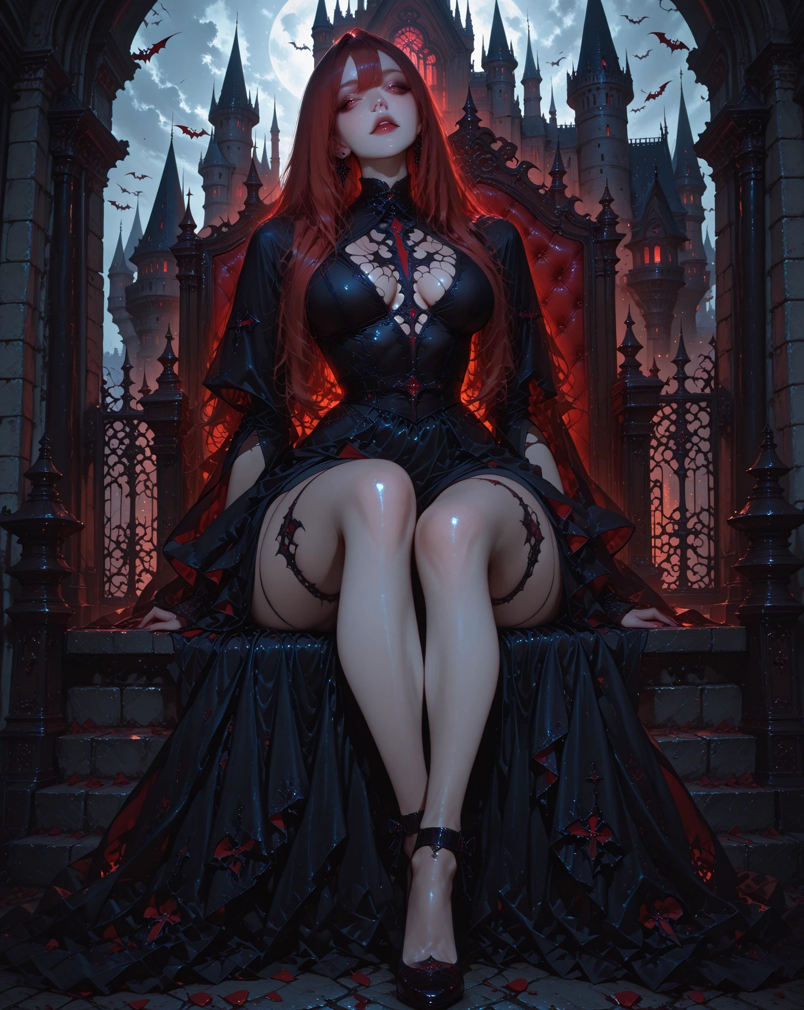 ((hajime sorayama style)) va,pira, transparent red vecedo, deep neckline, exposed body parts, red hair, A sensual vampire seductively pursues his prey through the shadowy halls of an ancient Gothic mansion. The dimly lit room is filled with sparkling candles and intricate silk tapestries. The vampire wears a tight black corset with cleavage and thigh-high boots, while her victim's expression is filled with a mixture of terrified and desire. The walls are stained with blood and there is a collection of creepy dolls in the corner. There is a storm brewing outside and the only sounds are the footsteps of the vampire and the snap of rai --auto